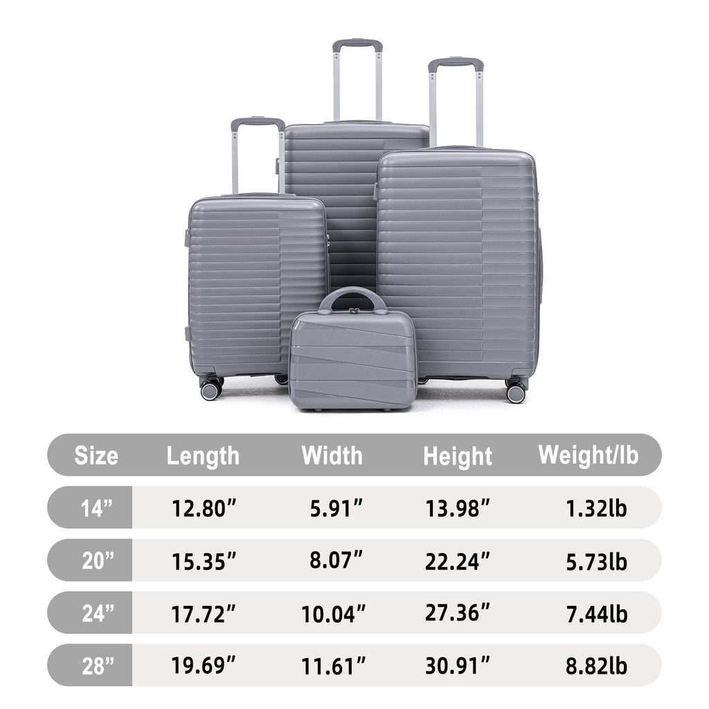 4-Piece PP Spinner Wheel Luggage Set with Cosmetic Case, Light Gray
