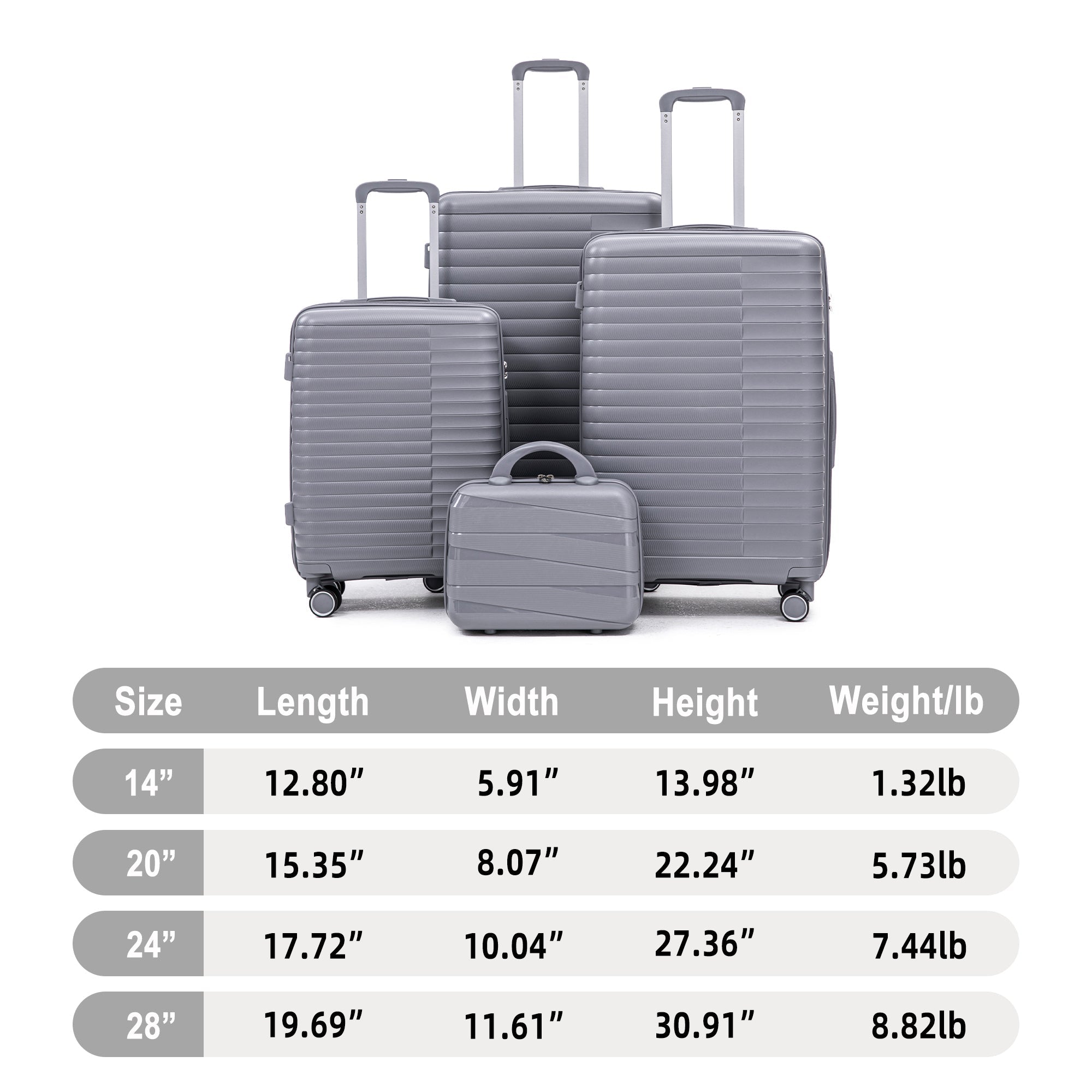 4-Piece PP Spinner Wheel Luggage Set with Cosmetic Case, Light Gray