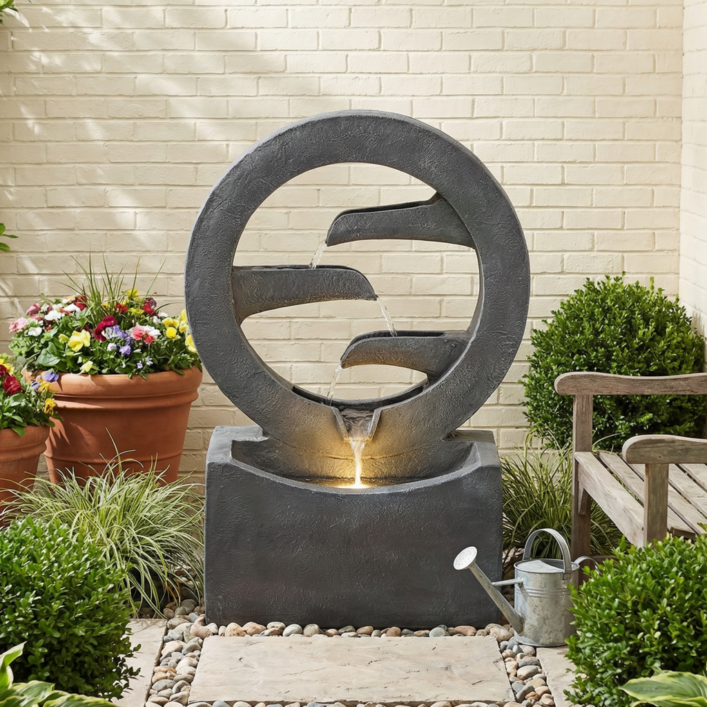 26.77'H Gray Circular Polyresin Outdoor Water Fountain with LED Light