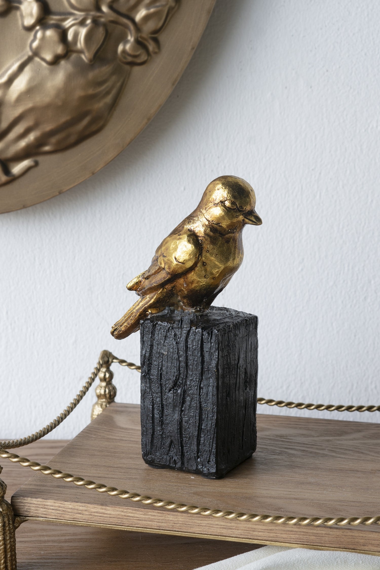 Gold Resin Songbird Sculpture on Black Faux Branch