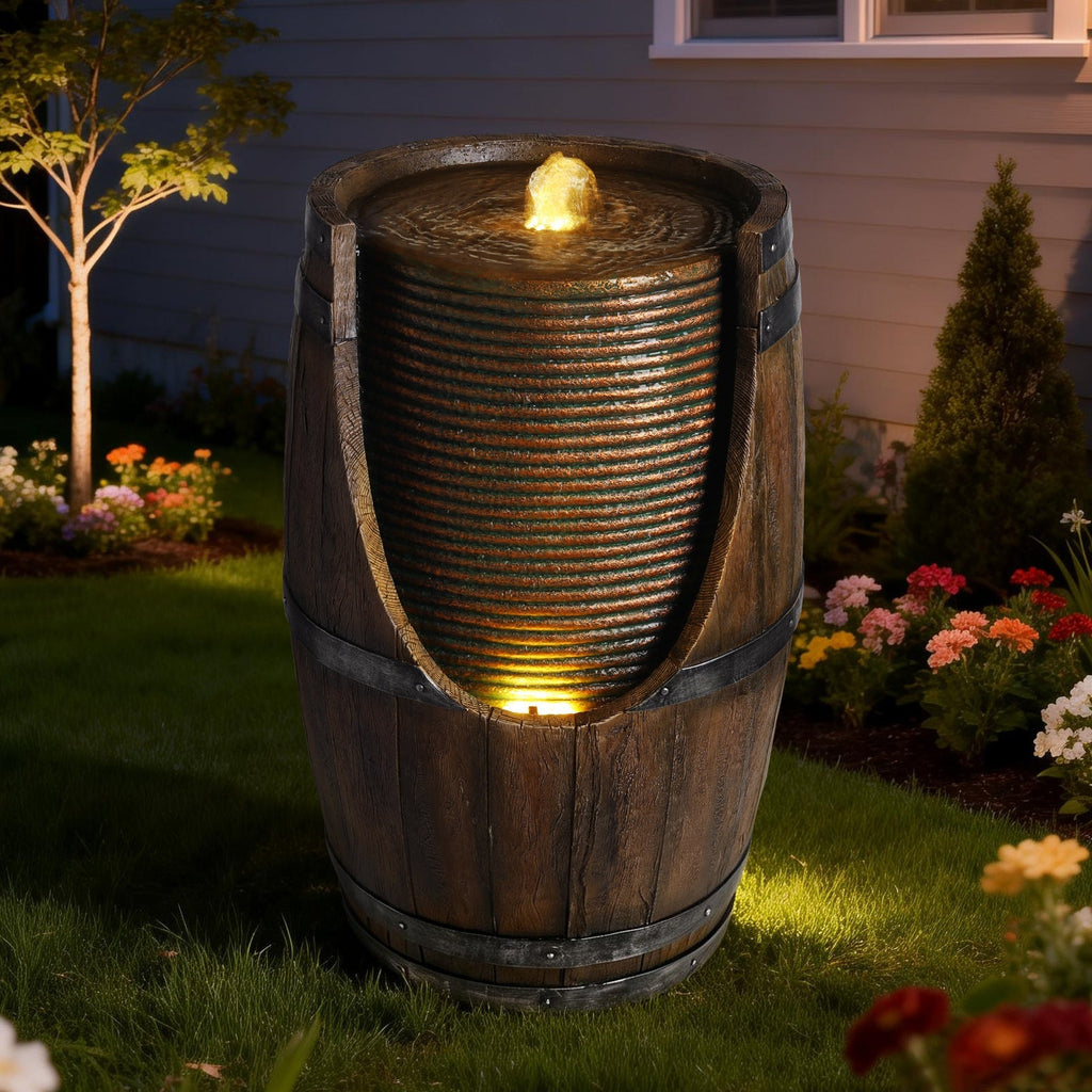 Outdoor Barrel Water Fountain with Rustic Wood Look Resin