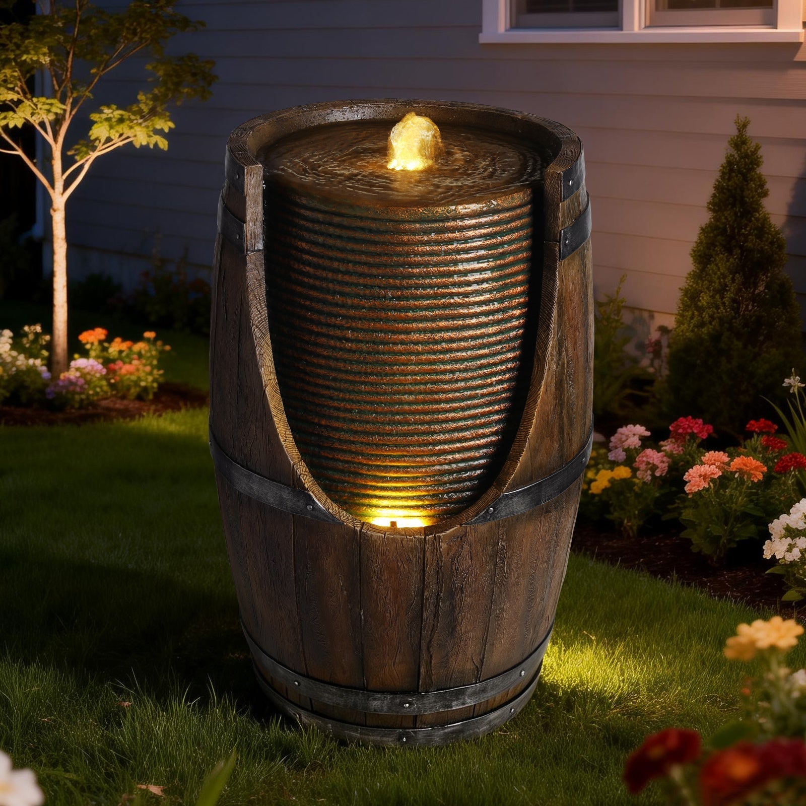 Outdoor Barrel Water Fountain with Rustic Wood Look Resin