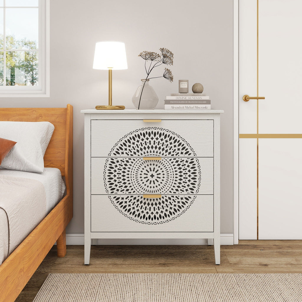 3 Drawer Cabinet With Hollow Carved 3 Drawer Dresser Storage Chest With Metal Handles For Entryway Living Room Bedroom - Beige