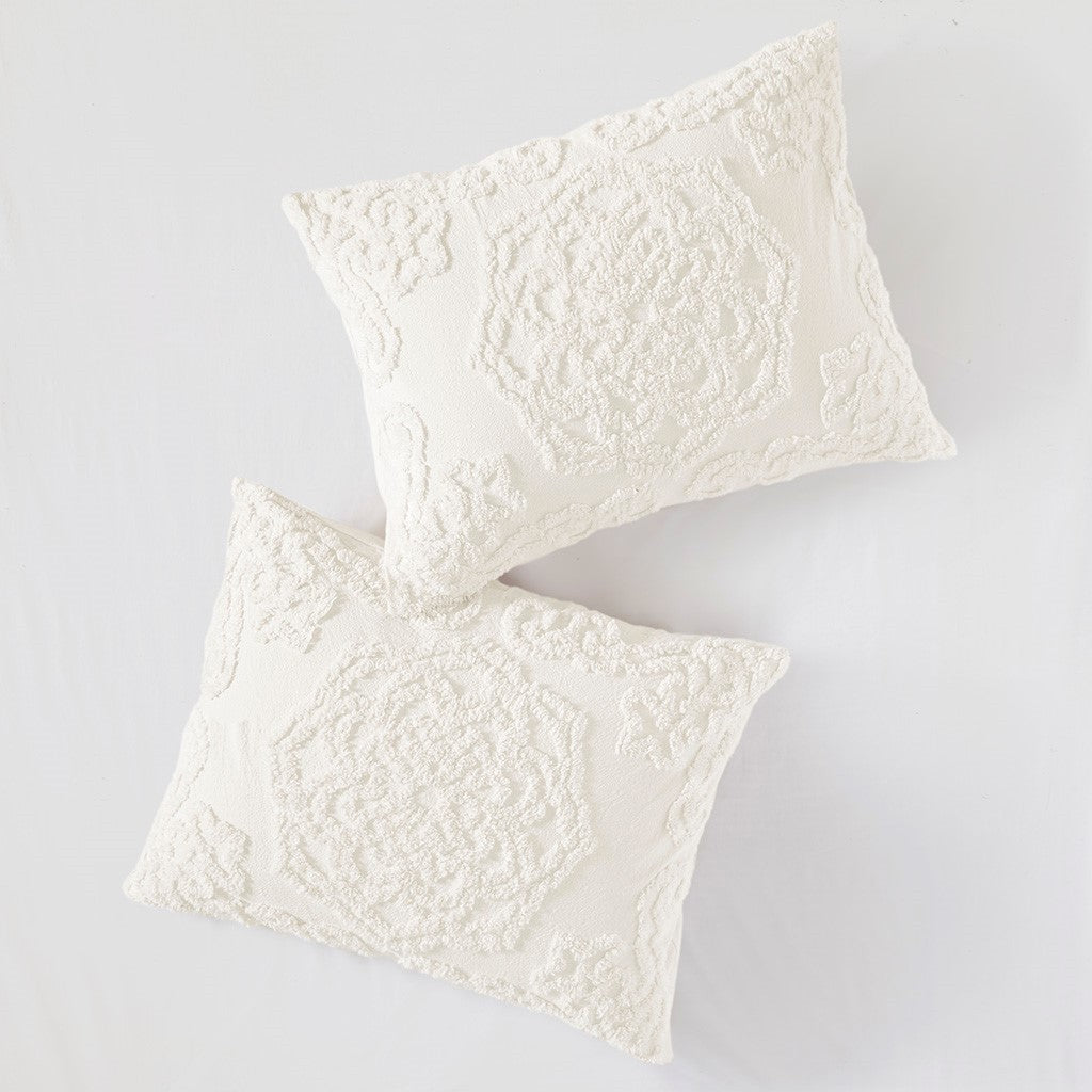 Tufted Cotton Chenille Medallion Fringe Coverlet Mini Set - Off-White