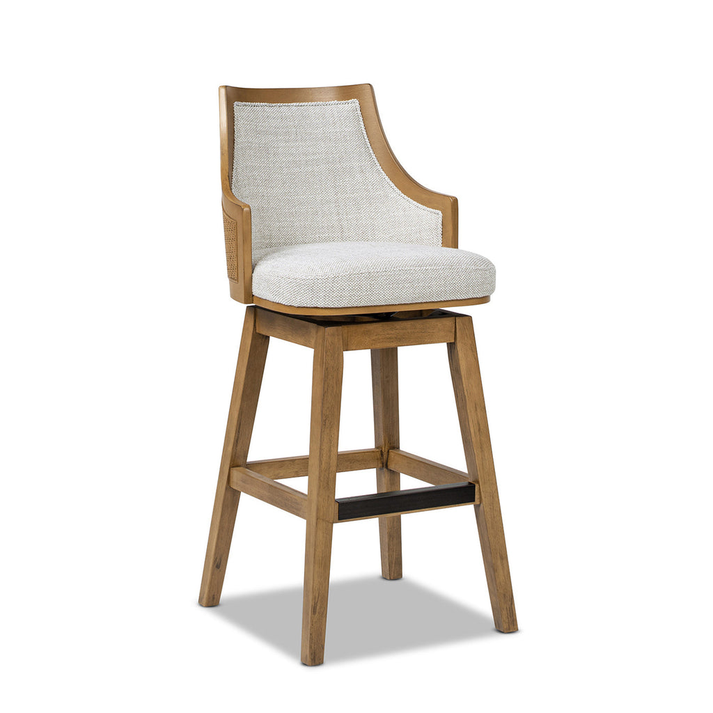 Bahama 30' Cane Rattan High-Back Swivel Bar Stool with Recessed Arms, Two-Tone Neutral Gray Polyester Wool Blend