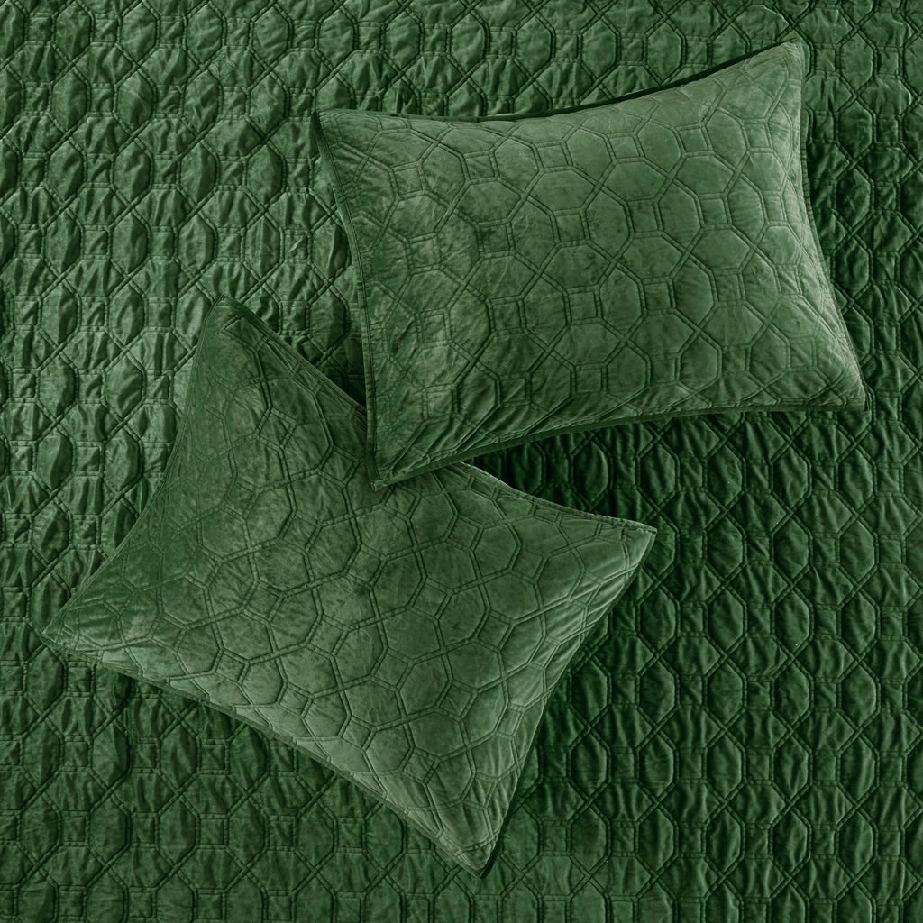 3 Piece Velvet Quilt Set Green Full/Queen