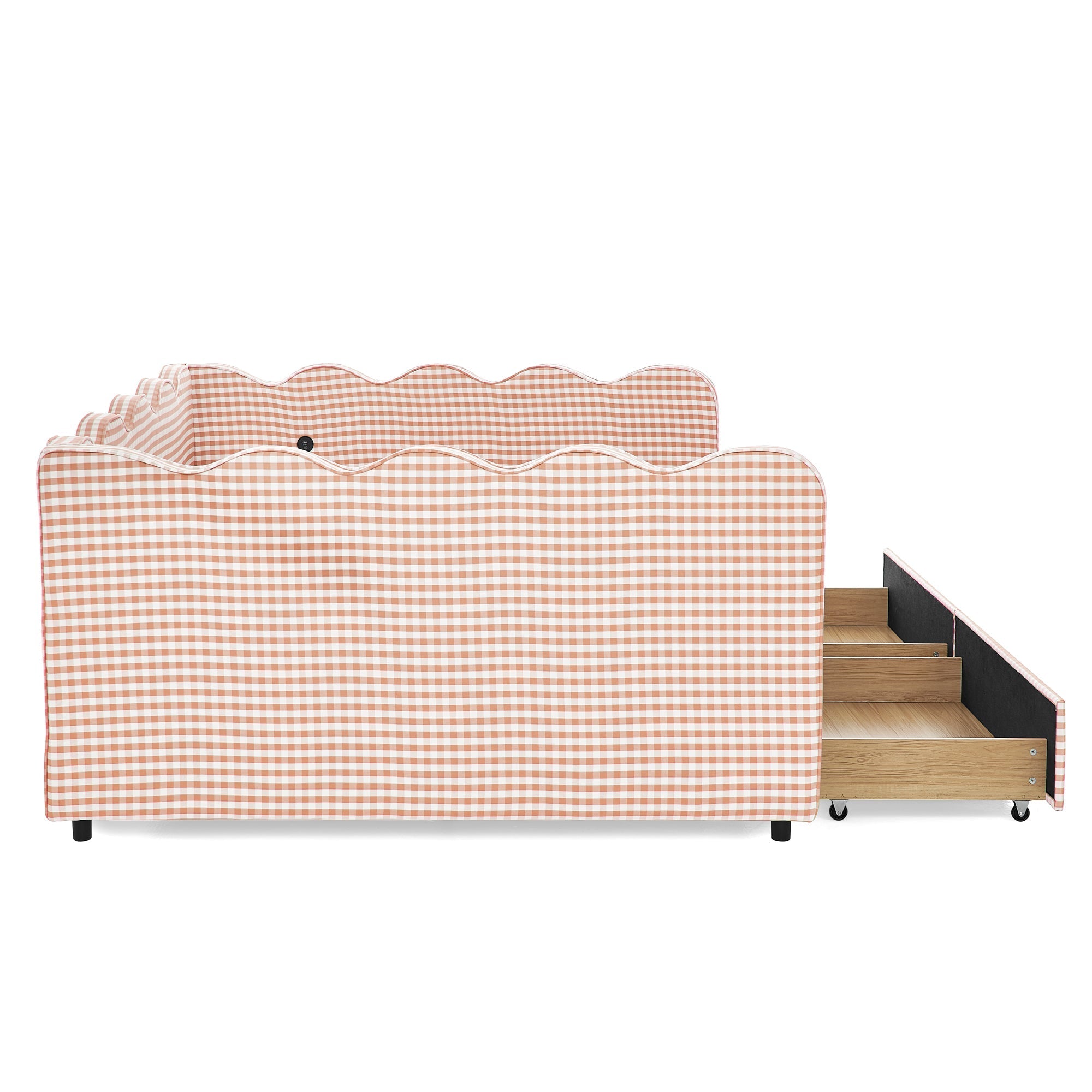 Queen Size Cozy Gingham Daybed with Two Storage Drawers and USB Port