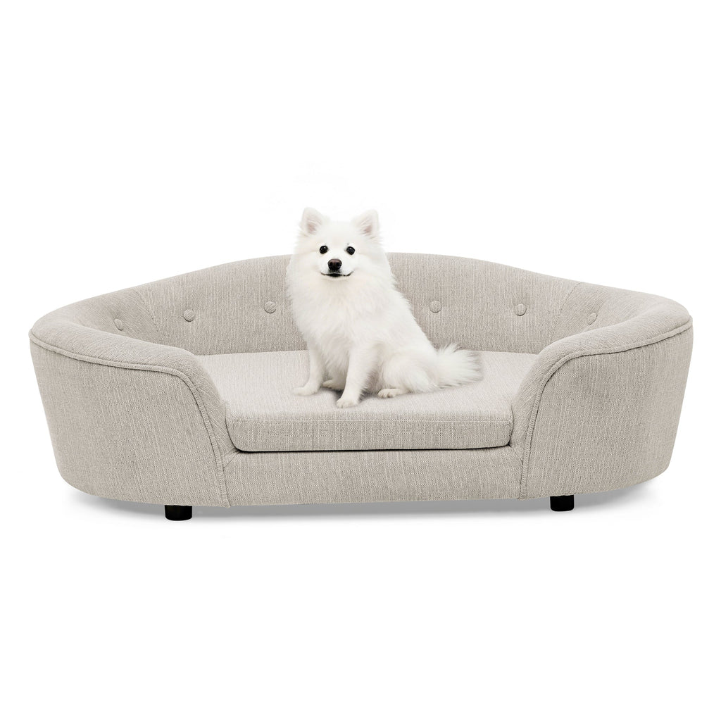 OVERSIZED Size Oval Semi-Enclosed Dog Sofa - Durable Linen Material, Button-Tufted Backrest, High-Center Low-Sides Support & Plush Comfort-Beige