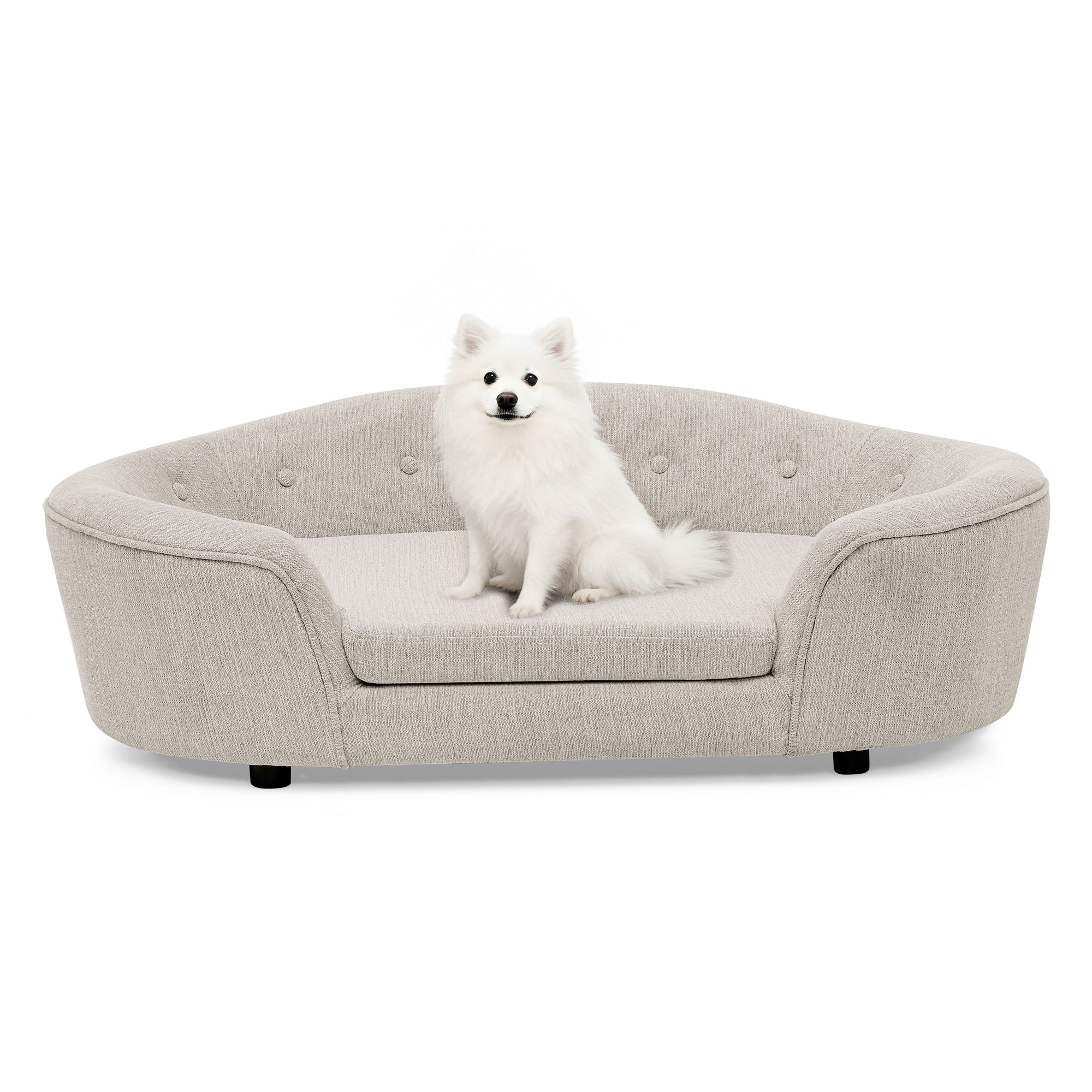 OVERSIZED Size Oval Semi-Enclosed Dog Sofa - Durable Linen Material, Button-Tufted Backrest, High-Center Low-Sides Support & Plush Comfort-Beige