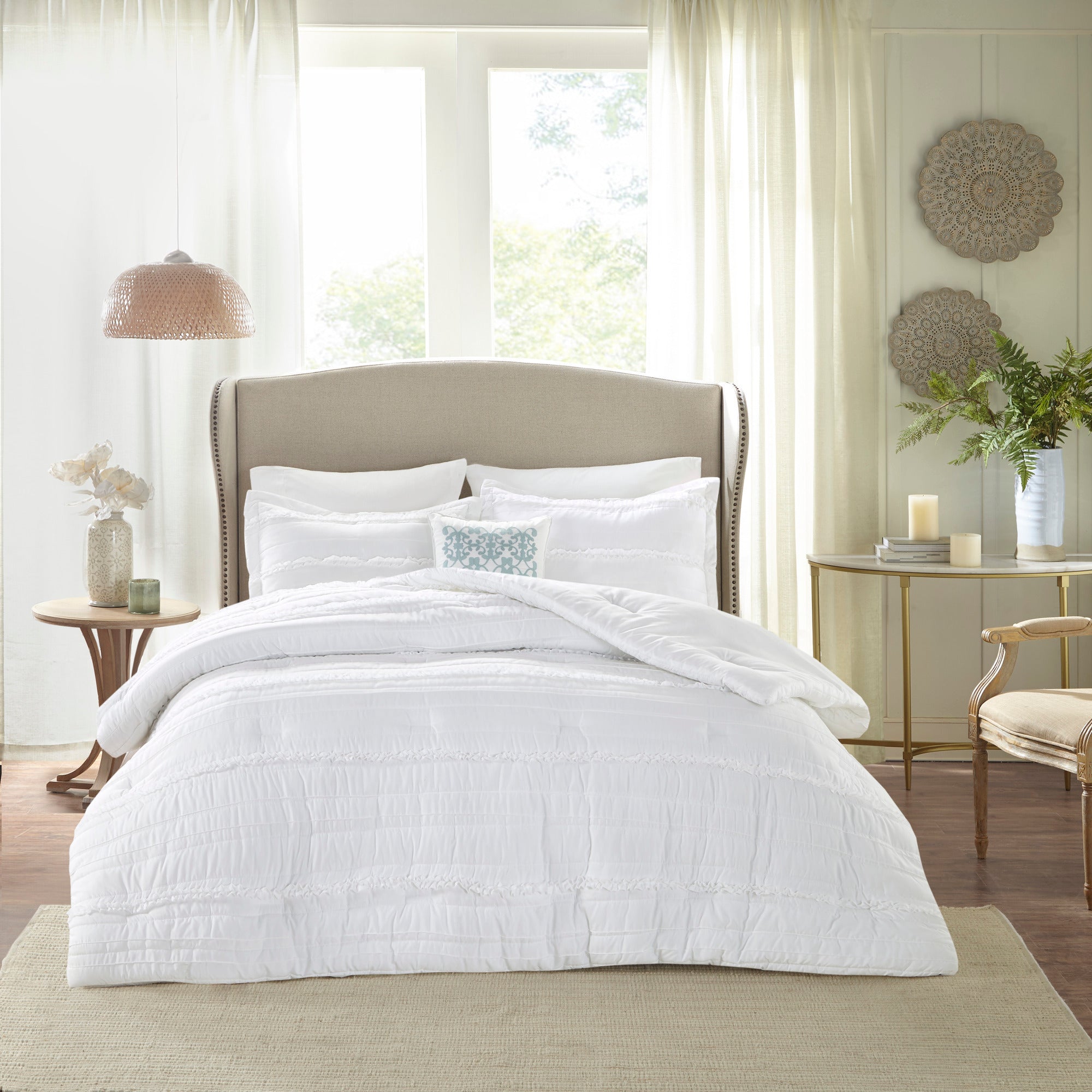 5 Piece Microfiber Ruffled Comforter Set - White California King