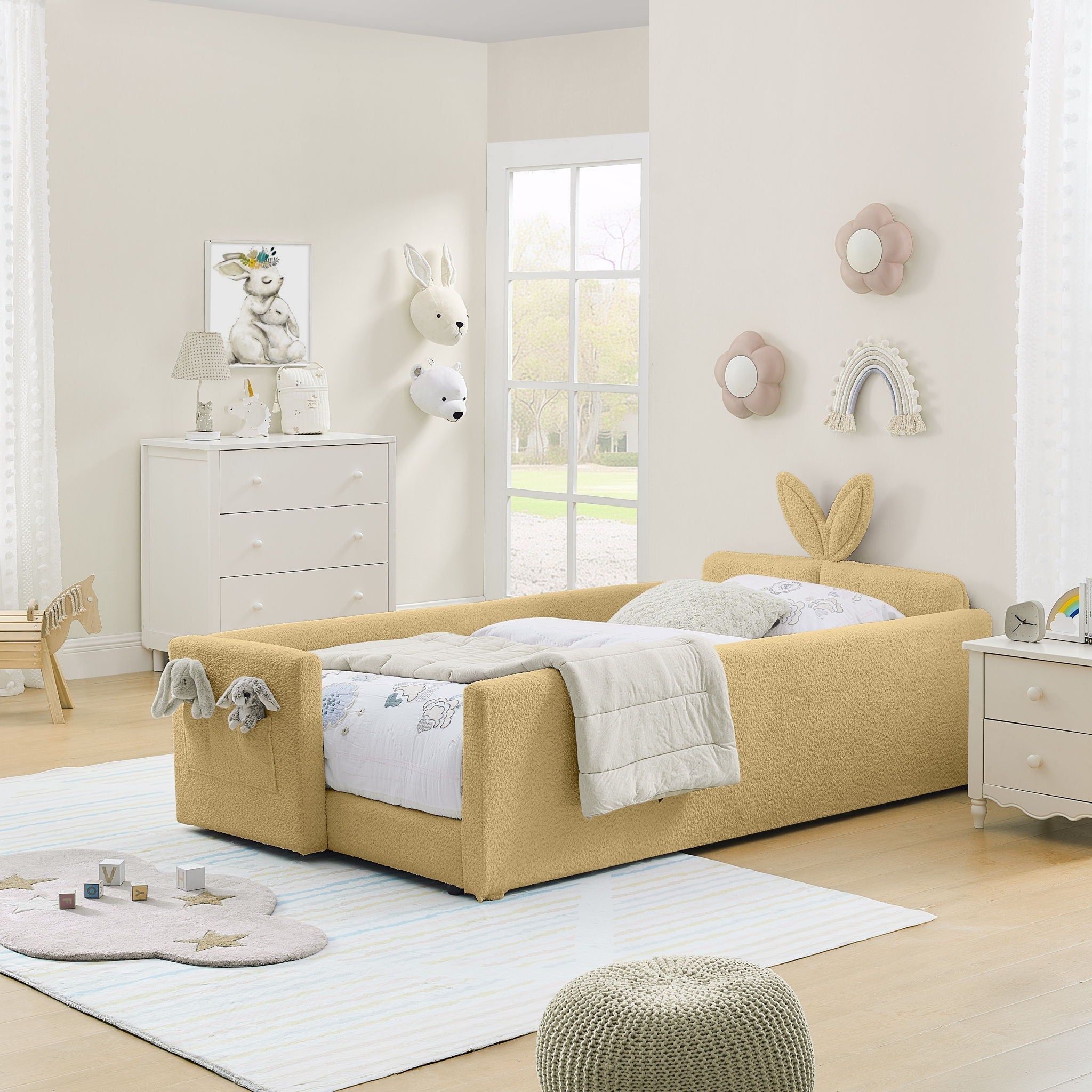 Cute Rabbit Ear Upholstered Platform Bed Frame With Safety Rail