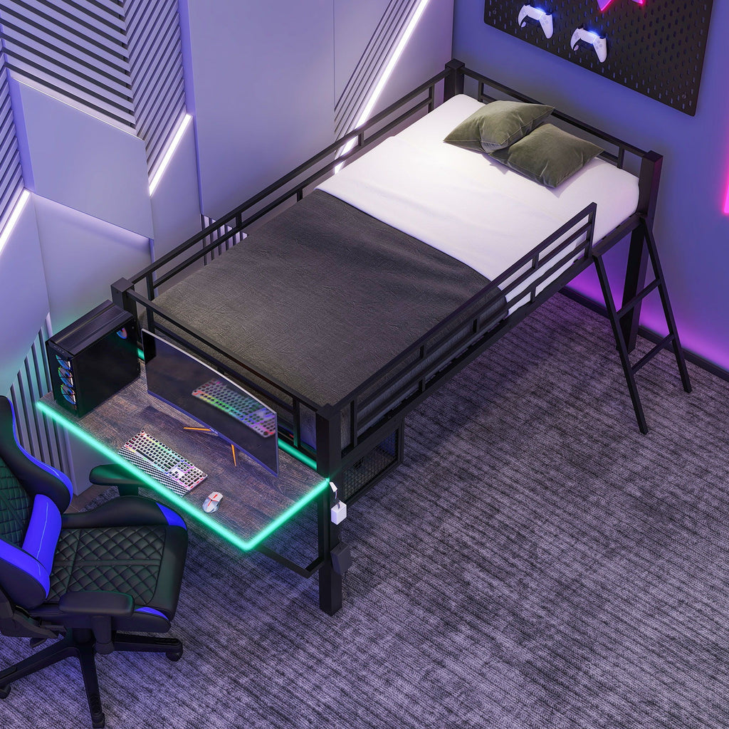 Modern Gaming Mid Loft Bed With Desk And LED Lights