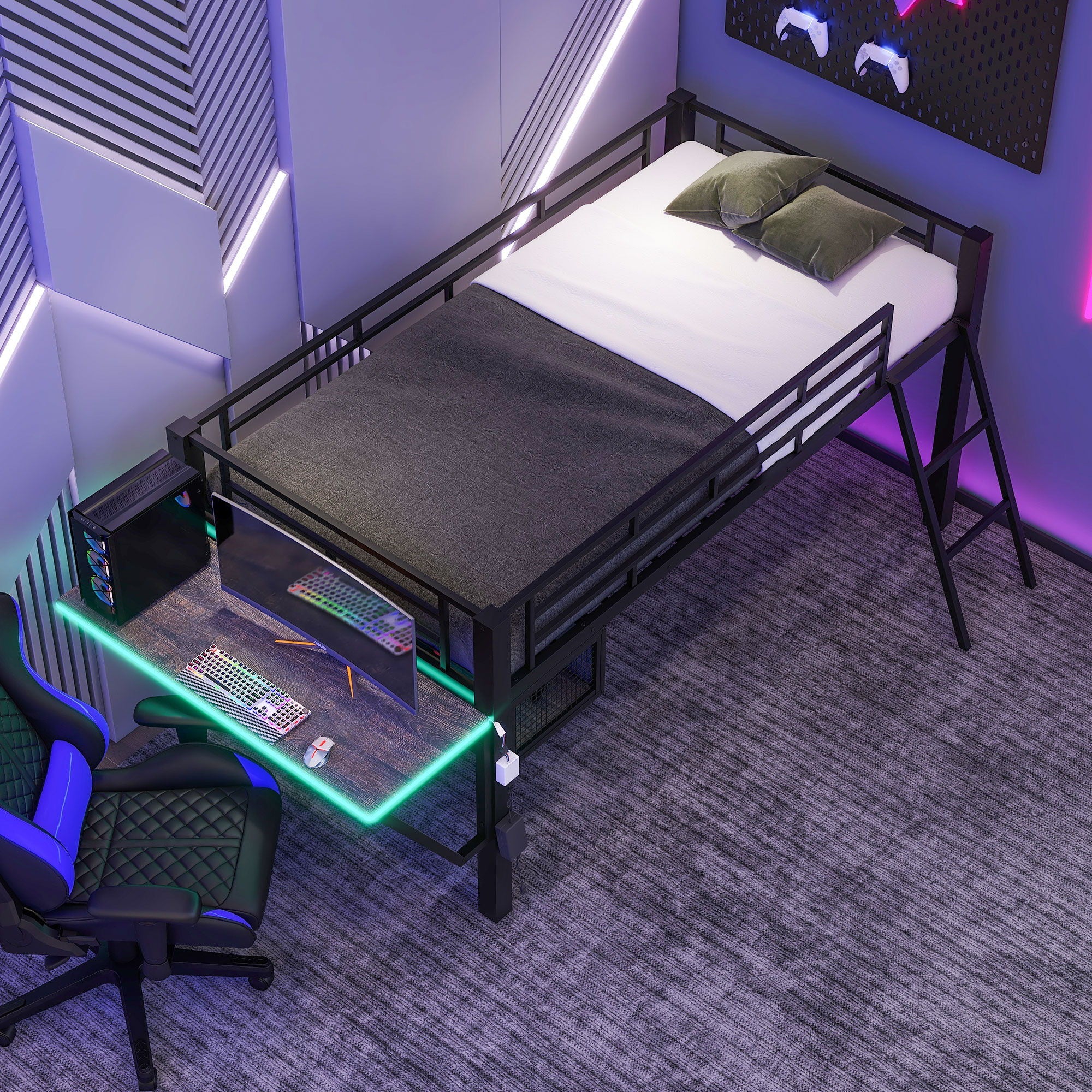 Modern Gaming Mid Loft Bed With Desk And LED Lights