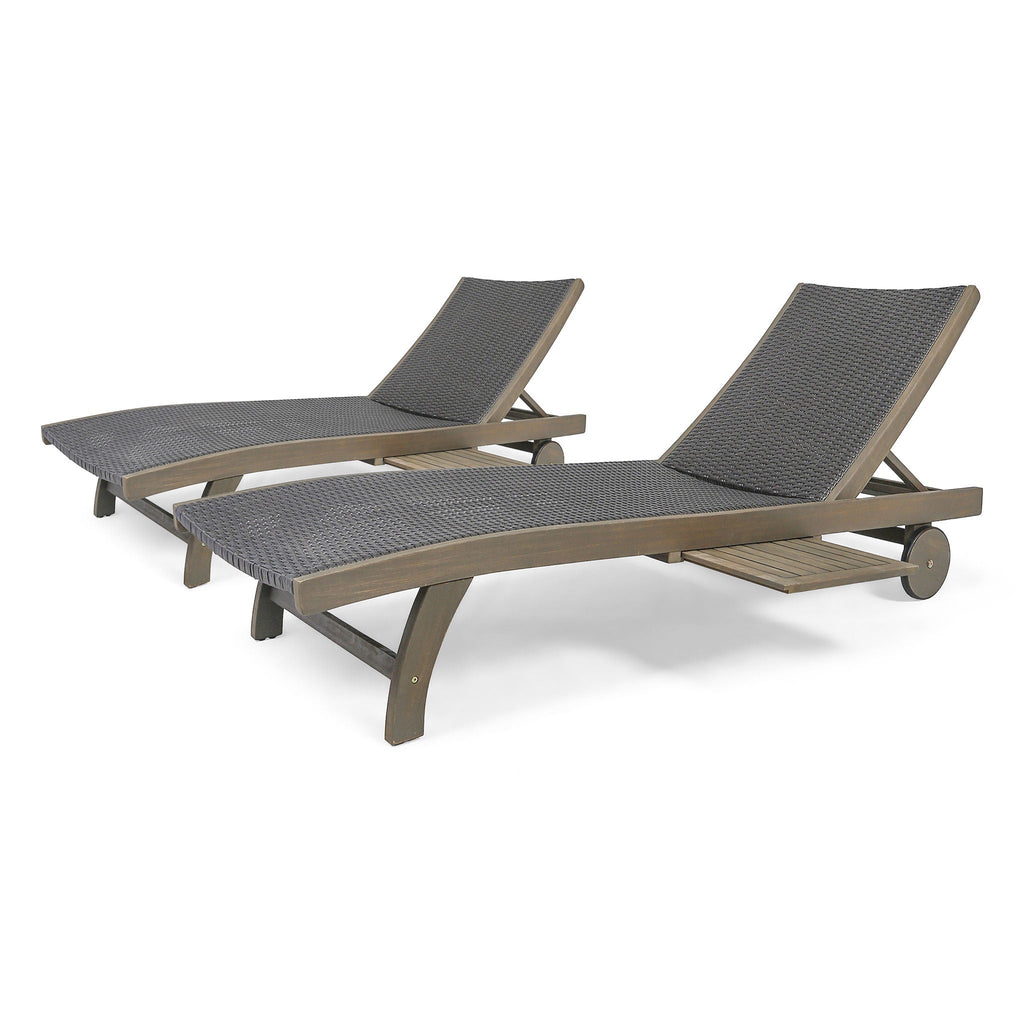 Outdoor Chaise Lounge with Pull-Out Tray and Wicker Seat - Gray