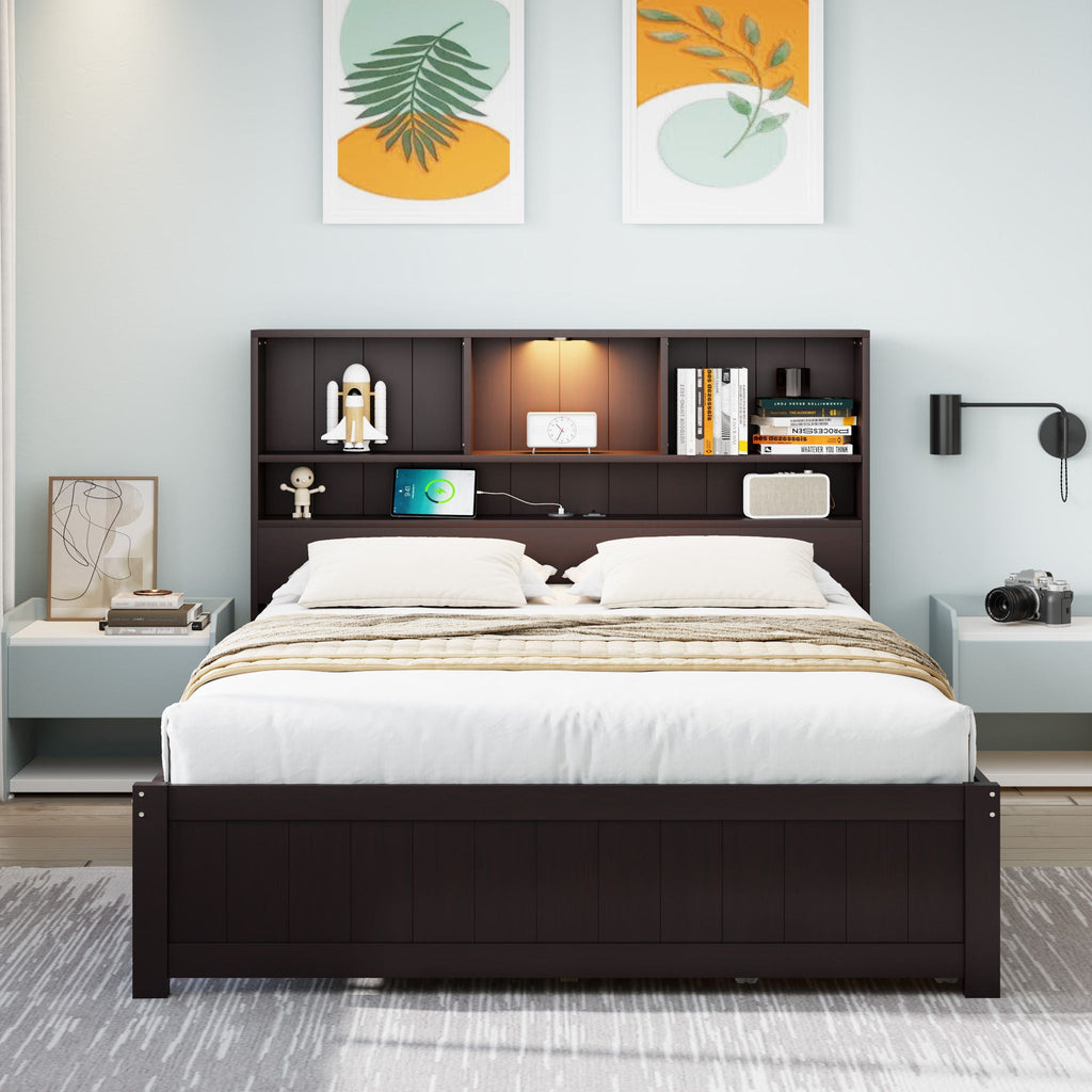 Platform Bed With Bookcase Headboard, Built-In Downlight, Charging Station, And 2 Side Drawers