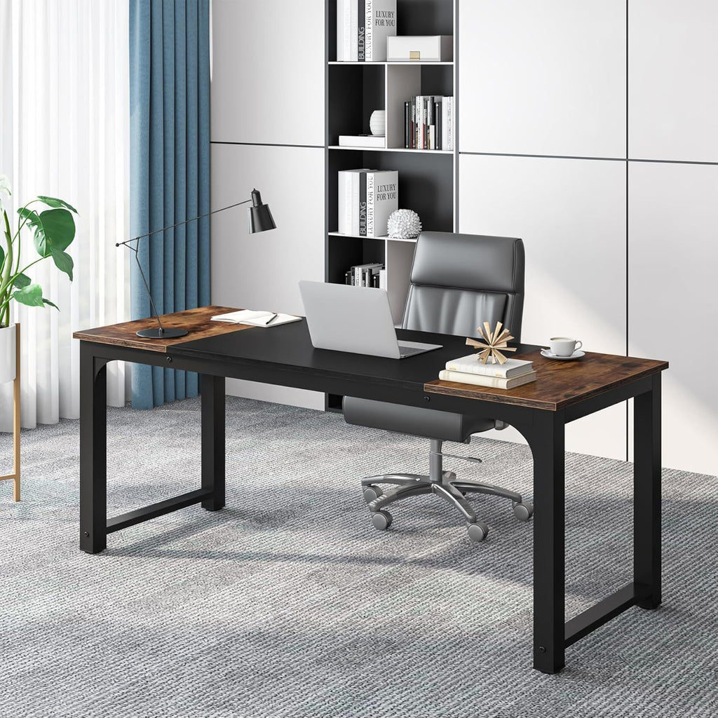 Executive Office Desk, Large Computer Workstation With Thick Frame - Brown / Black