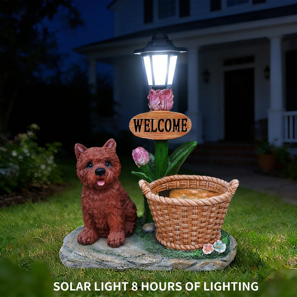 Sitting Puppy Solar Planter Outdoor Statue
