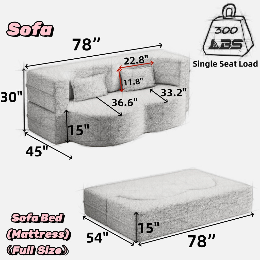 Modern Floor Sofa With Two Pillows Convertible Teddy Fabric Foam Filled Bed