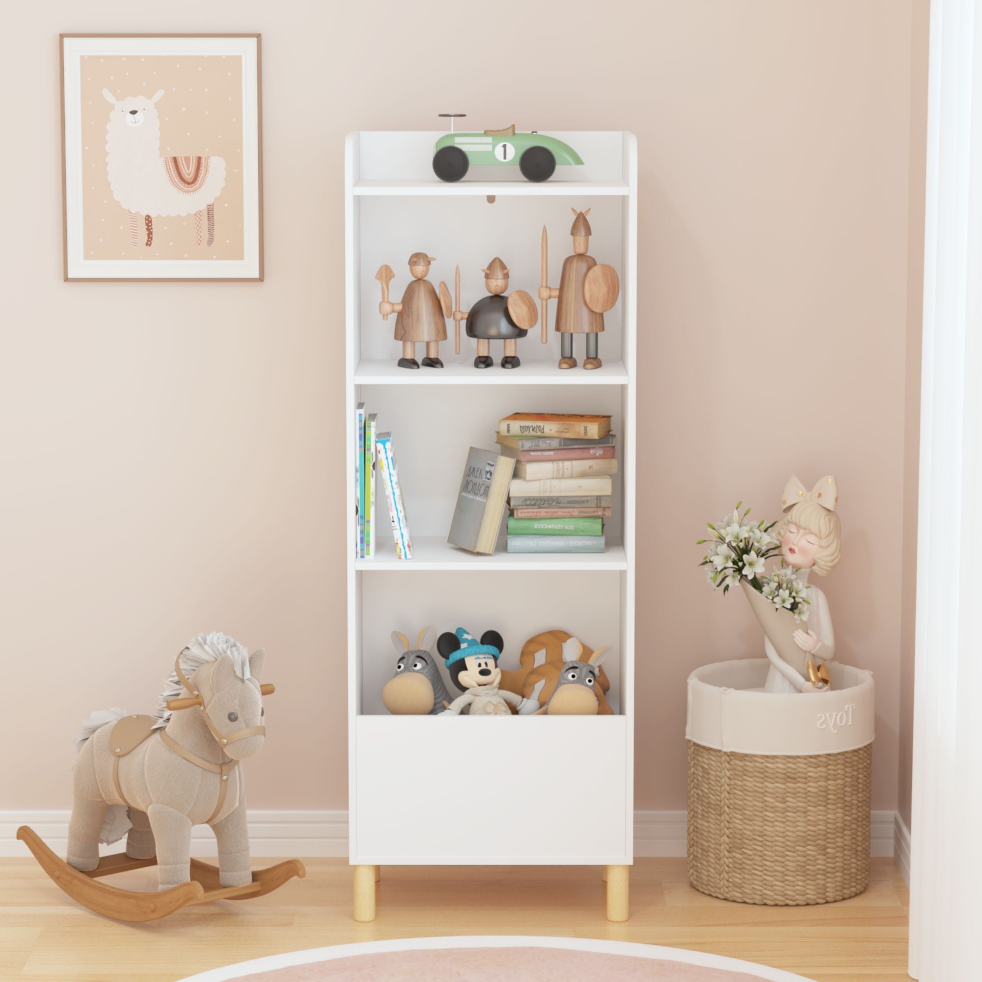4 Tier Bookcase with Safety Restraint and Storage Cabinet - White