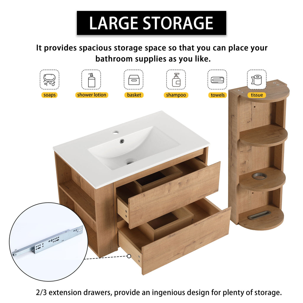 Modern Wall Mounted Bathroom Vanity with Ceramic Sink and Storage Rack