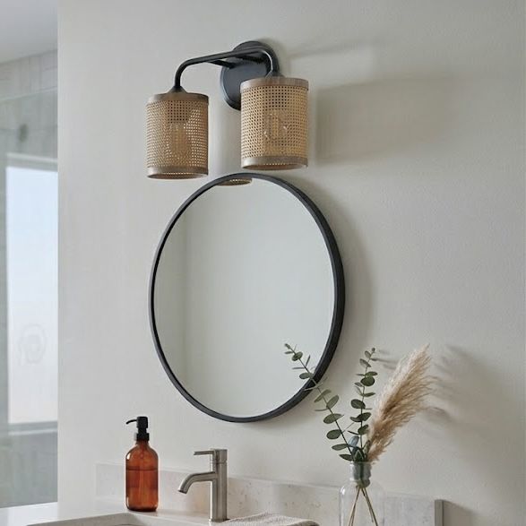 Quell - Double Light Vanity With Natural Shade Wall Lamp - Black / Rattan