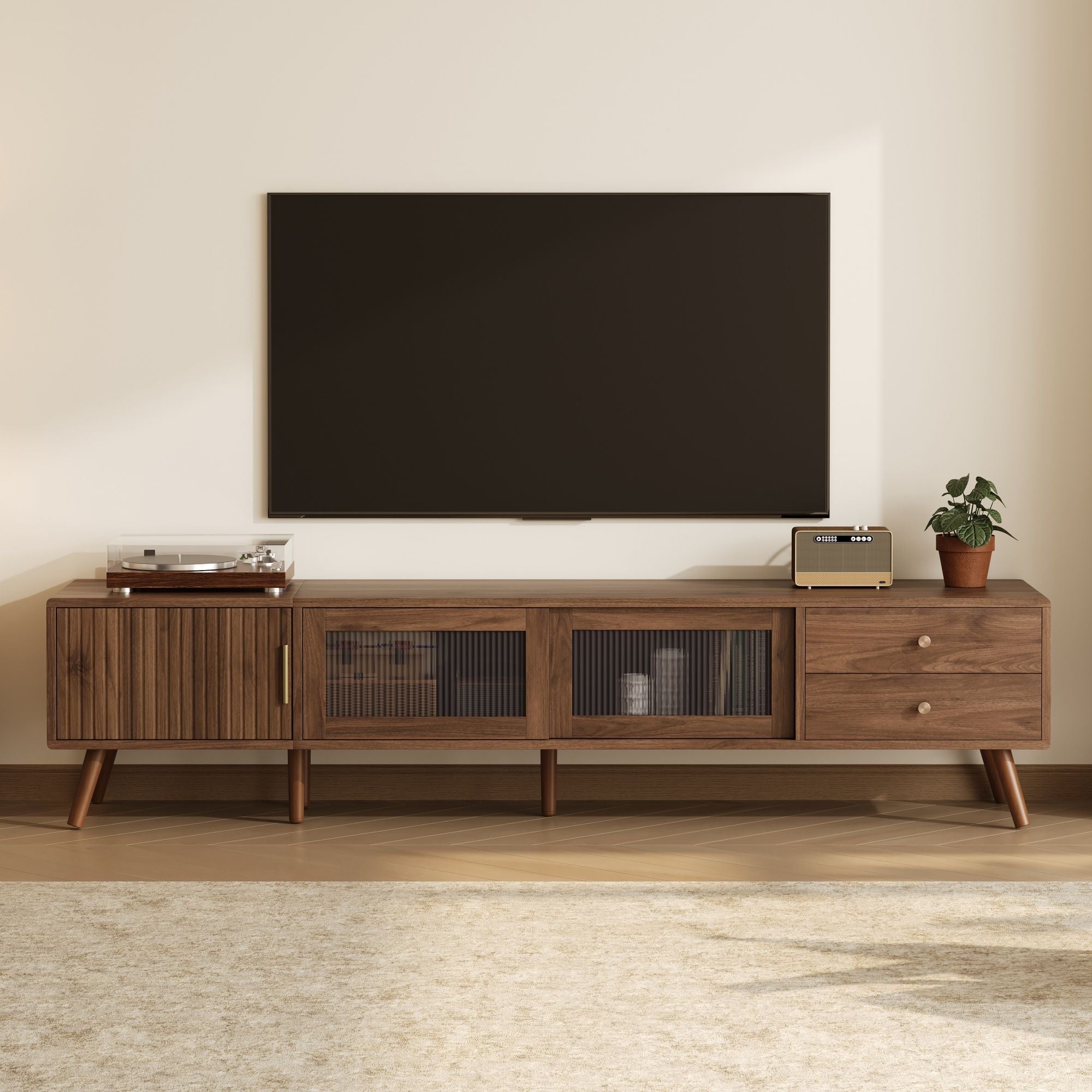Doors TV Stand For TVs Up To 85" With Storage Cabinets - Natural