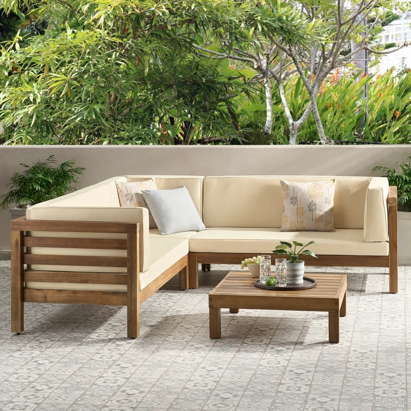 OANA Outdoor Wooden Sectional Set with Cushions, Beige