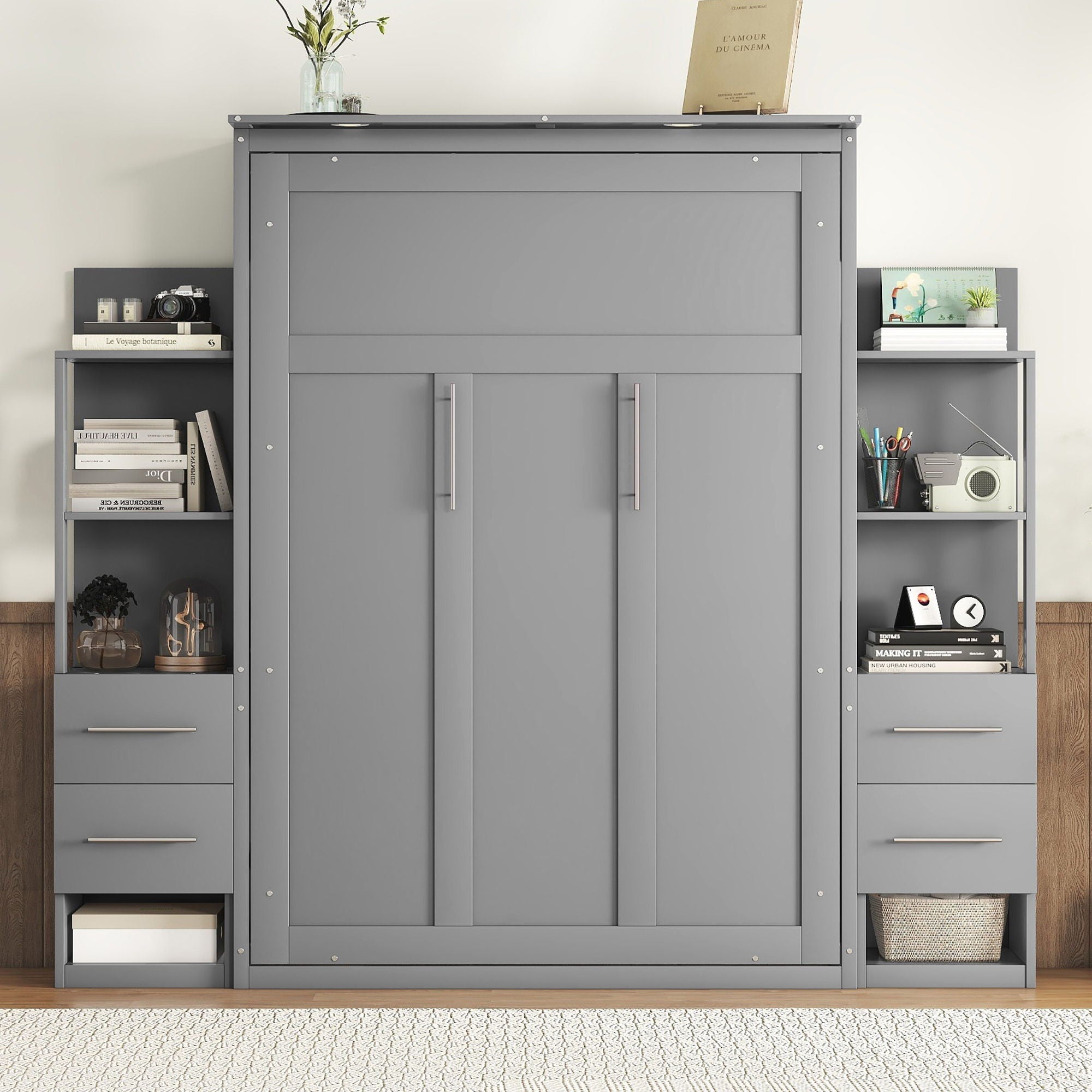 Murphy Wall Bed With LED Lights, Shelves And Drawers