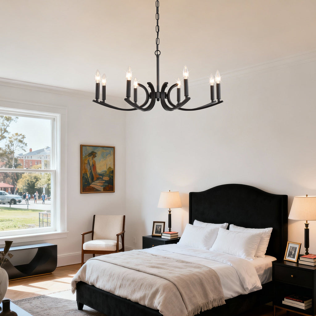 8-Light Farmhouse Chandelier, Black Metal