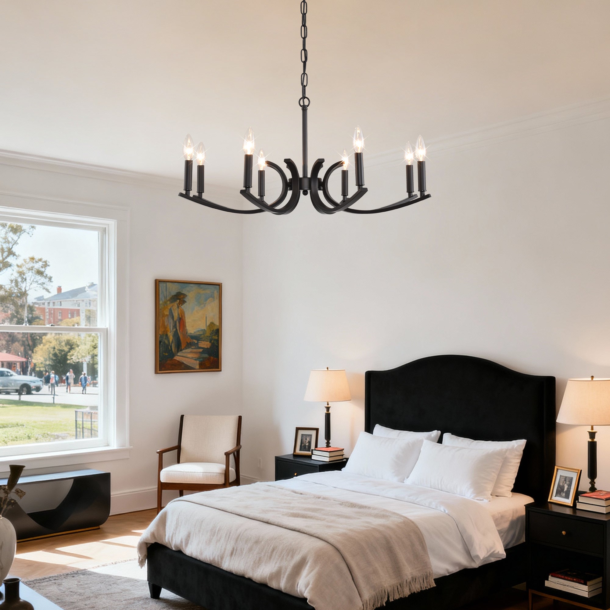 8-Light Farmhouse Chandelier, Black Metal