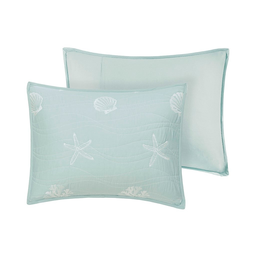 4 Piece Cotton Reversible Embroidered Quilt Set with Throw Pillow Aqua King/Cal King