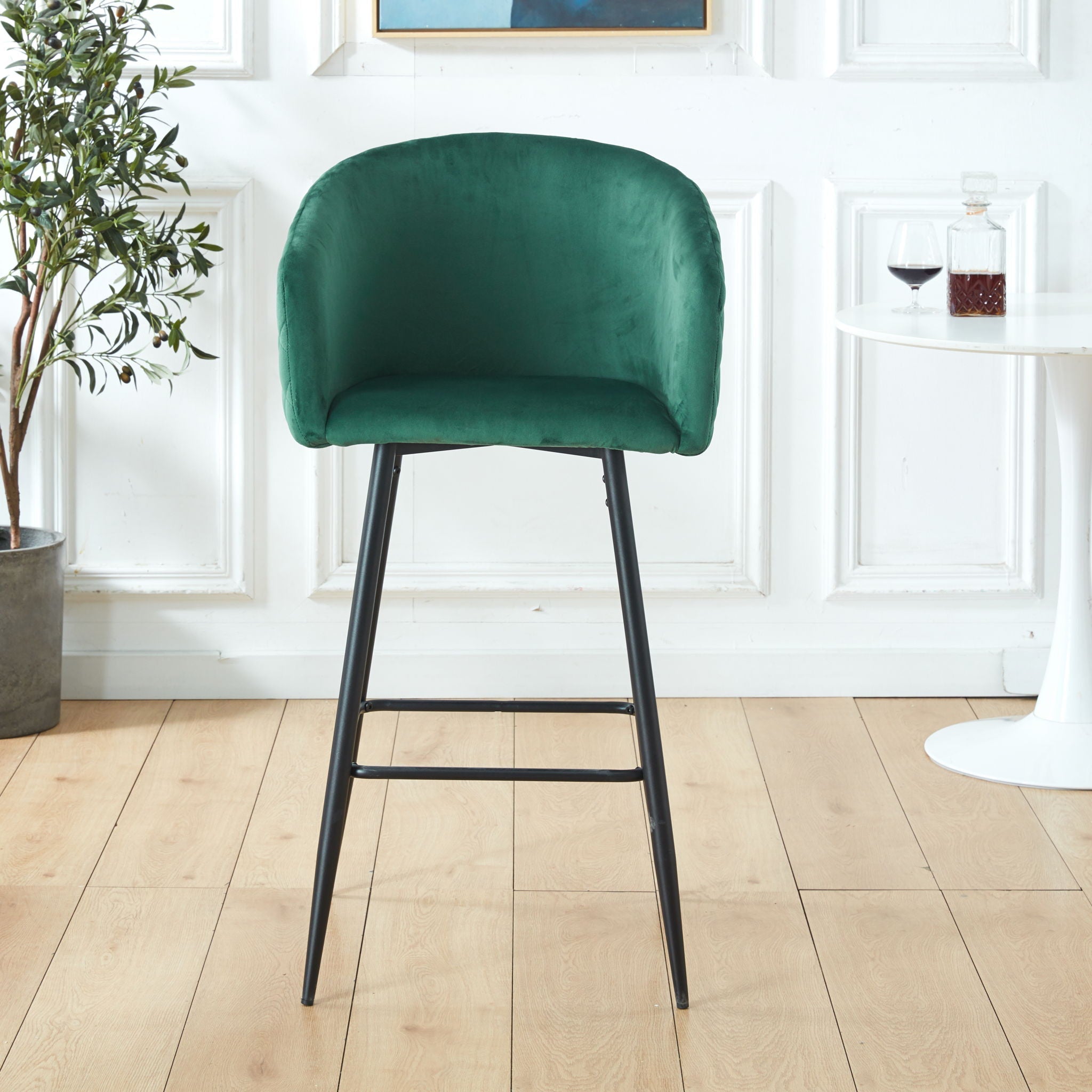 Counter Height Bar Stool, Metal Legs, Velvet Upholstered For Pub, Restaurant, Kitchen Island (Set of 2) - Black / Green