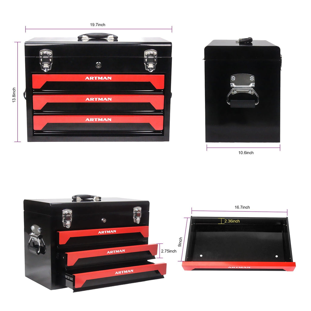Portable 20" Steel Tool Box With 3 Drawers And Metal Latch Closure