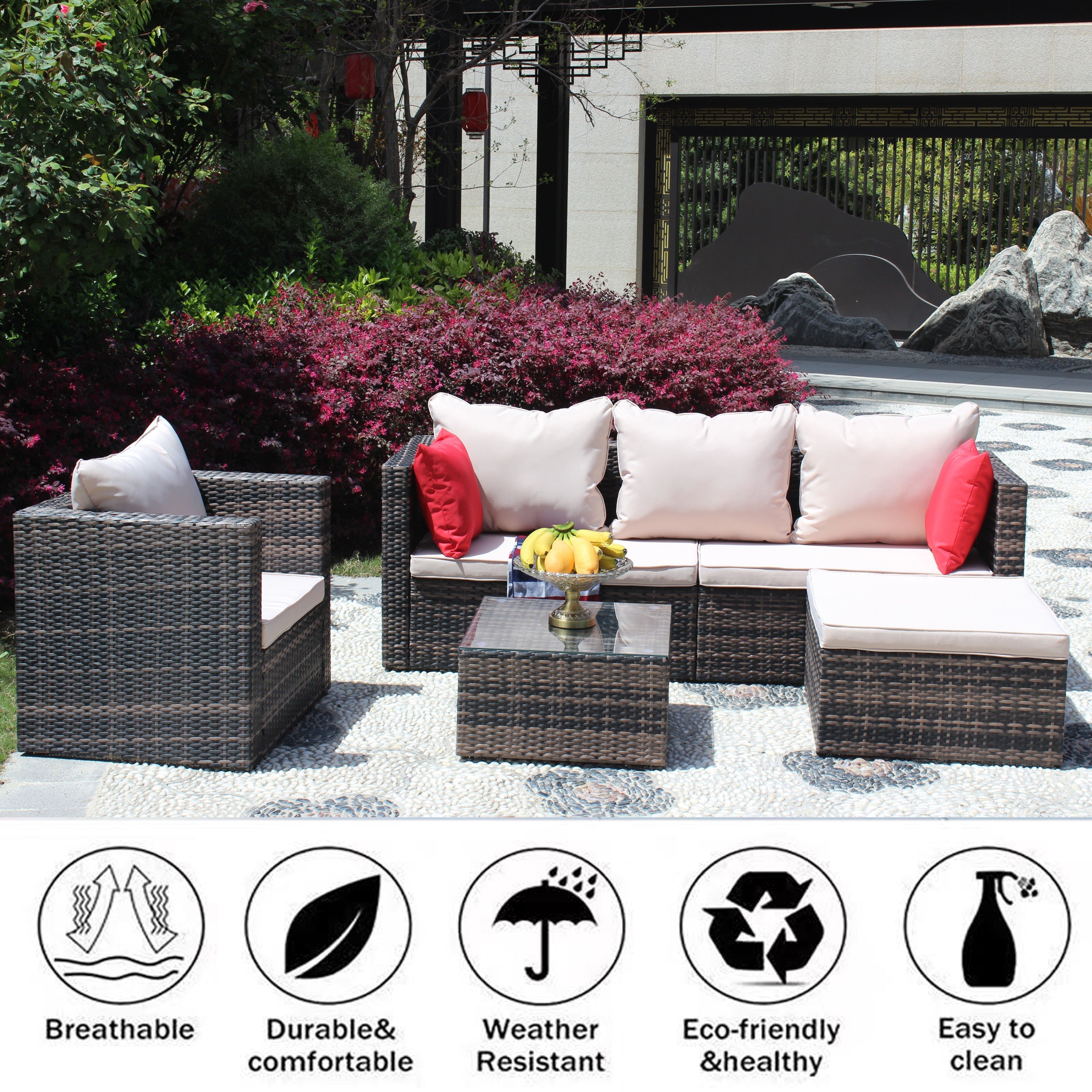 Rattan Patio Furniture Set Wicker Sofa Cushioned Sectional (4 Pieces, Brown)