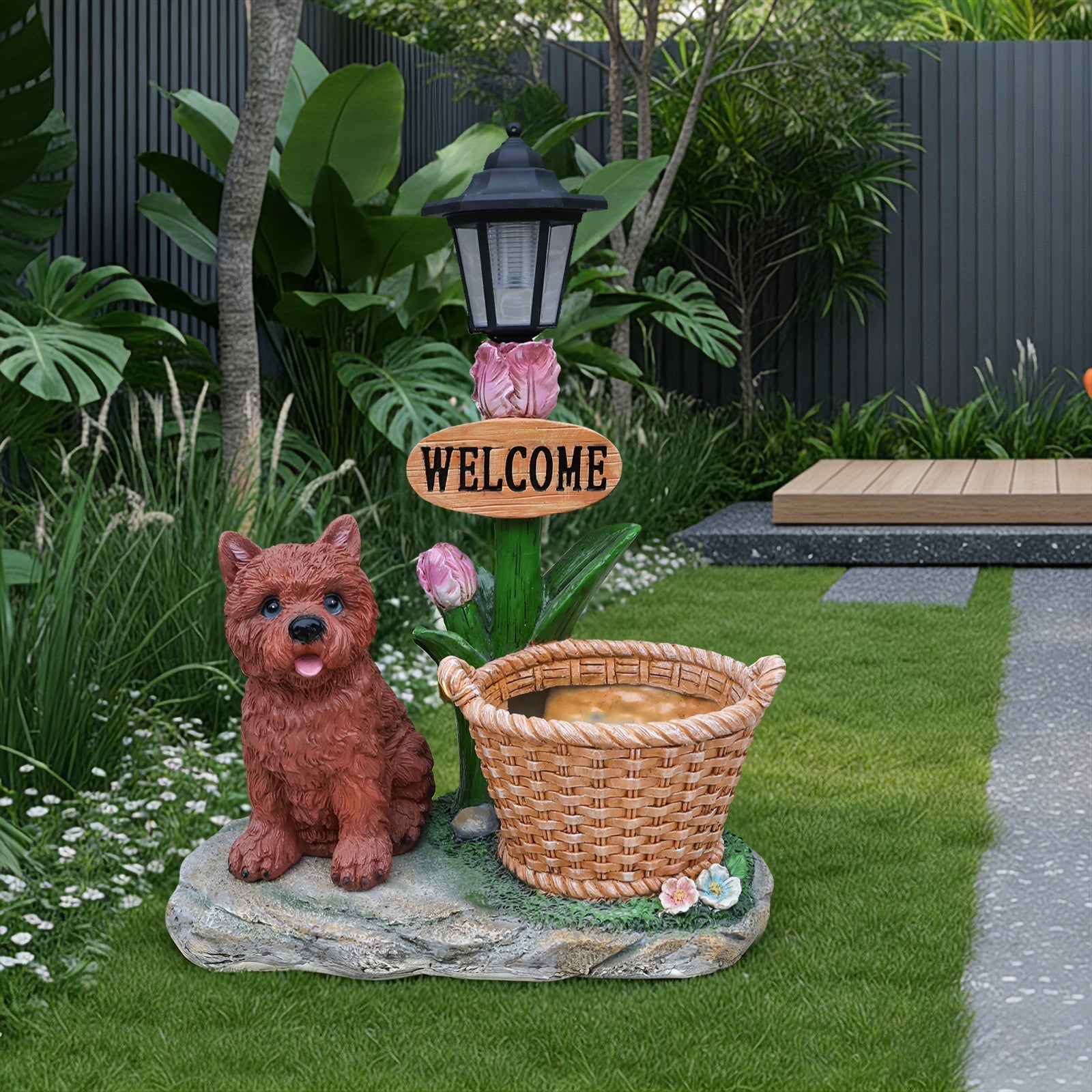 Sitting Puppy Solar Planter Outdoor Statue