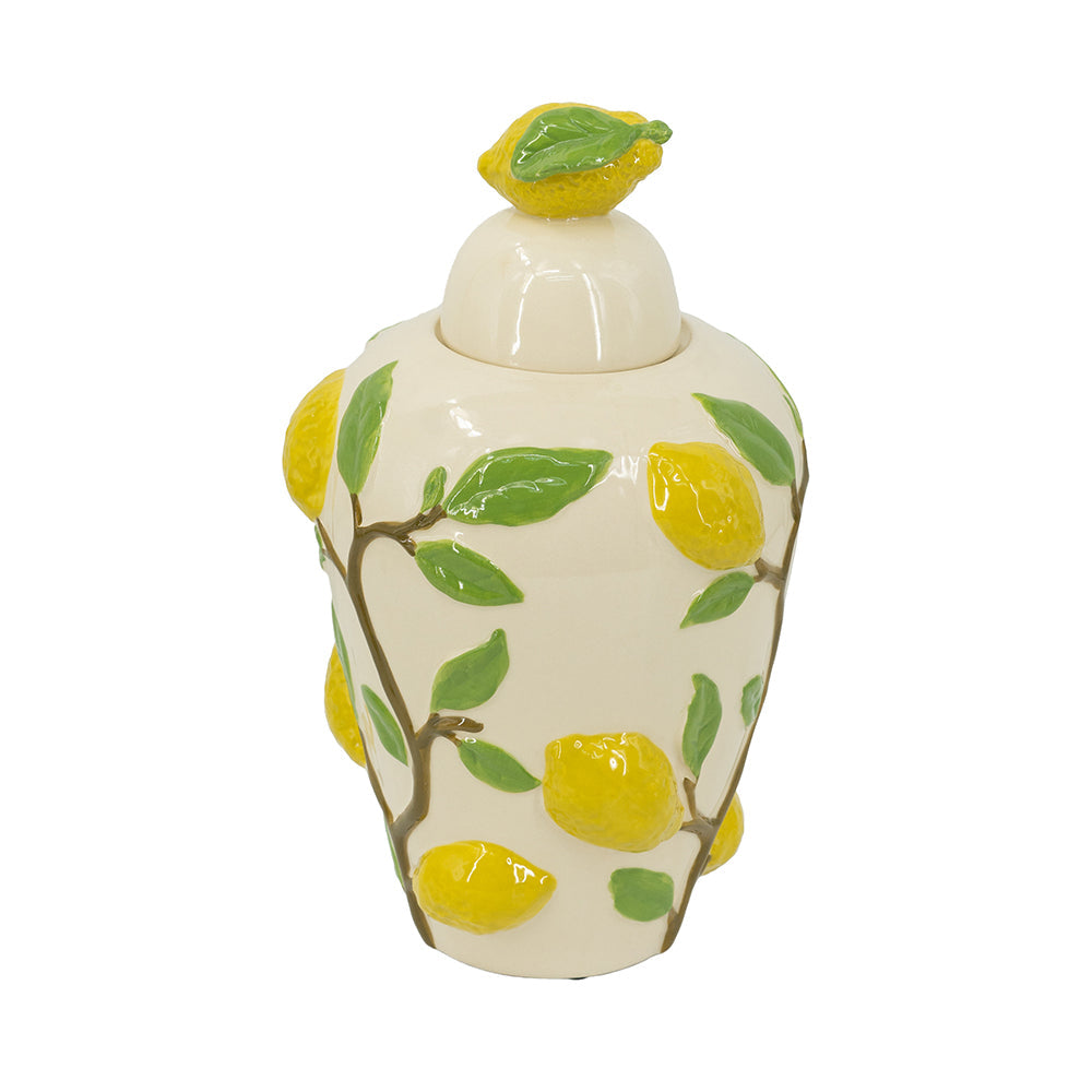 8.7x8.7x15' White Ceramic Lidded Jar with Playful Lemon Design