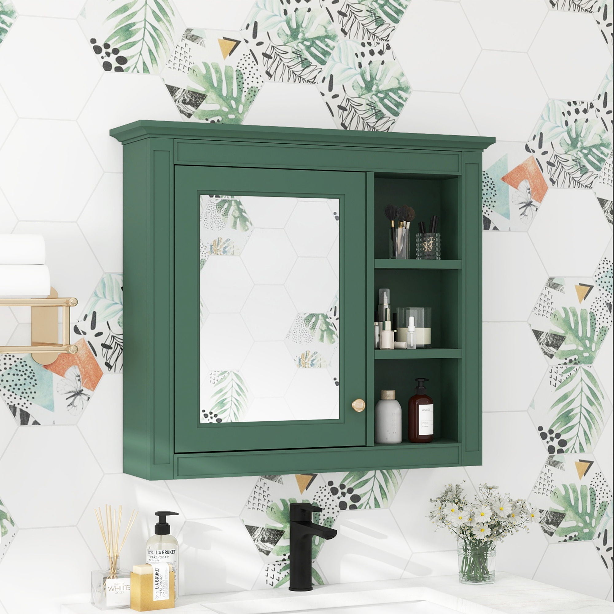 Wall Mounted Medicine Cabinet With Mirror and 3 Open Shelves