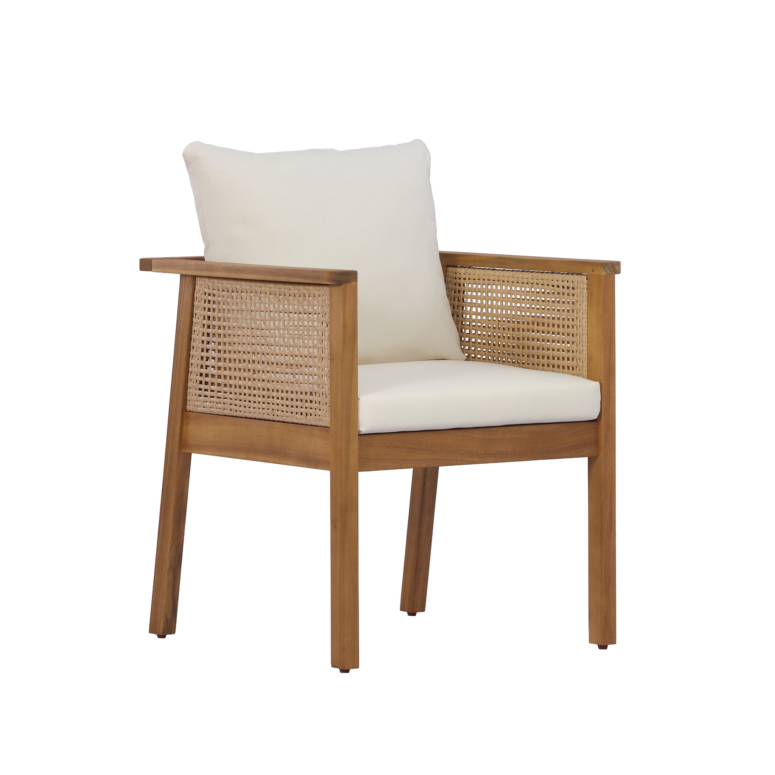 7 Pieces Acacia Wood Outdoor Dining Set with Cream Cushions and Natural Wicker