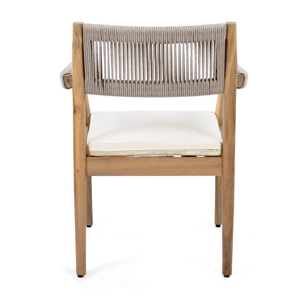 Braided Acacia Wood Outdoor Dining Chairs Set of 4 – Teak Look with Beige Rope & Cream Cushions
