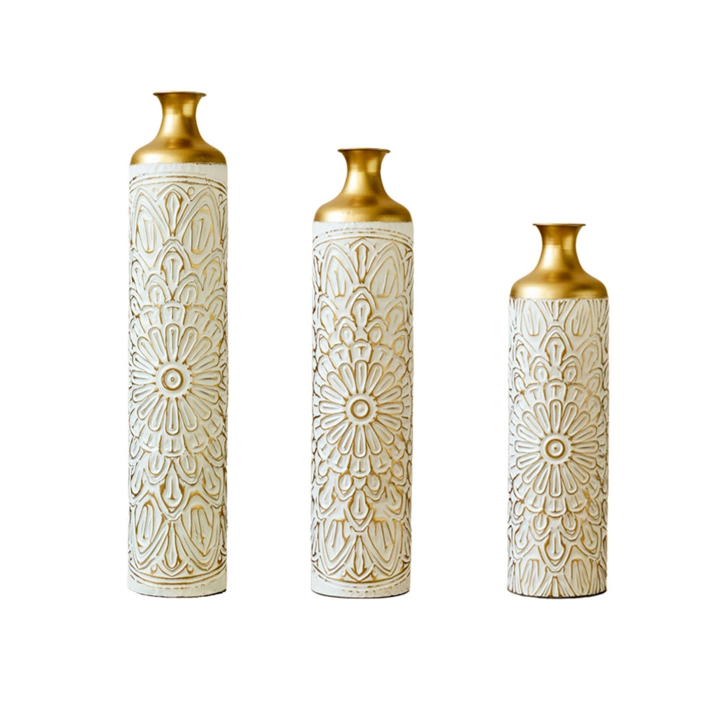 3 Piece Home Decoration Large Glazed Floor Vases - Gold / White