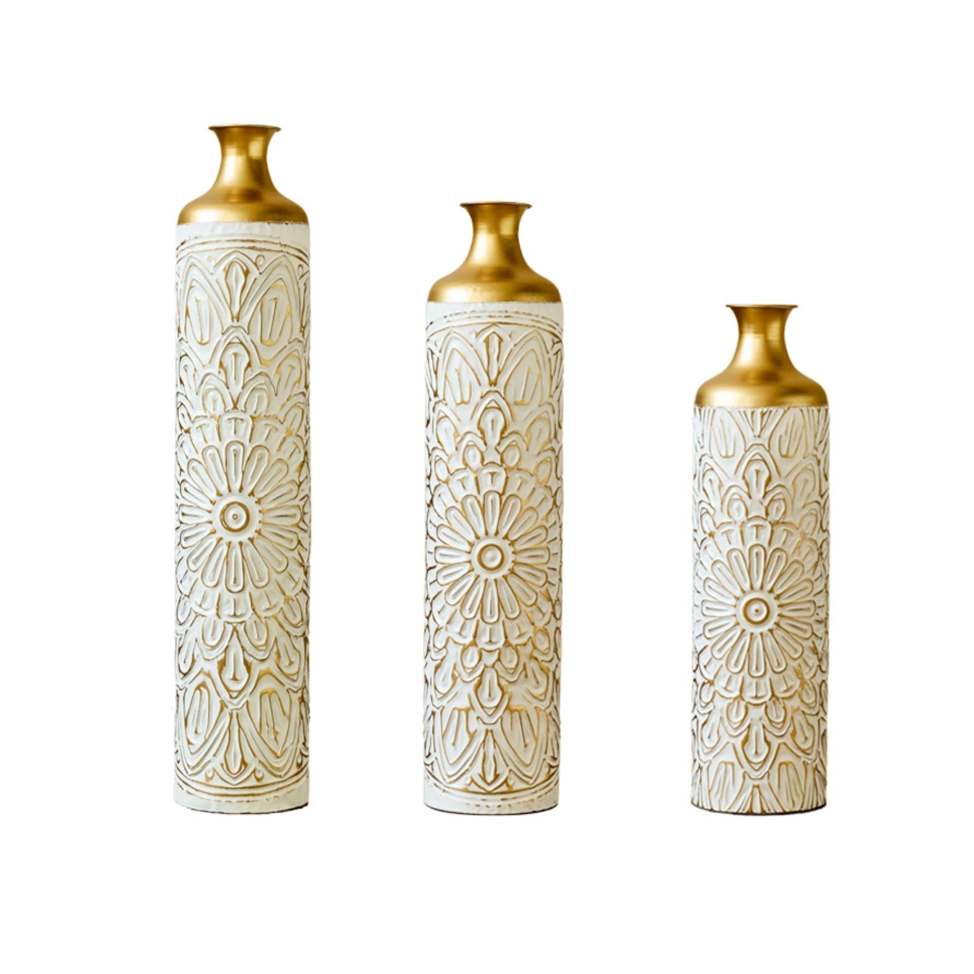 3 Piece Home Decoration Large Glazed Floor Vases - Gold / White