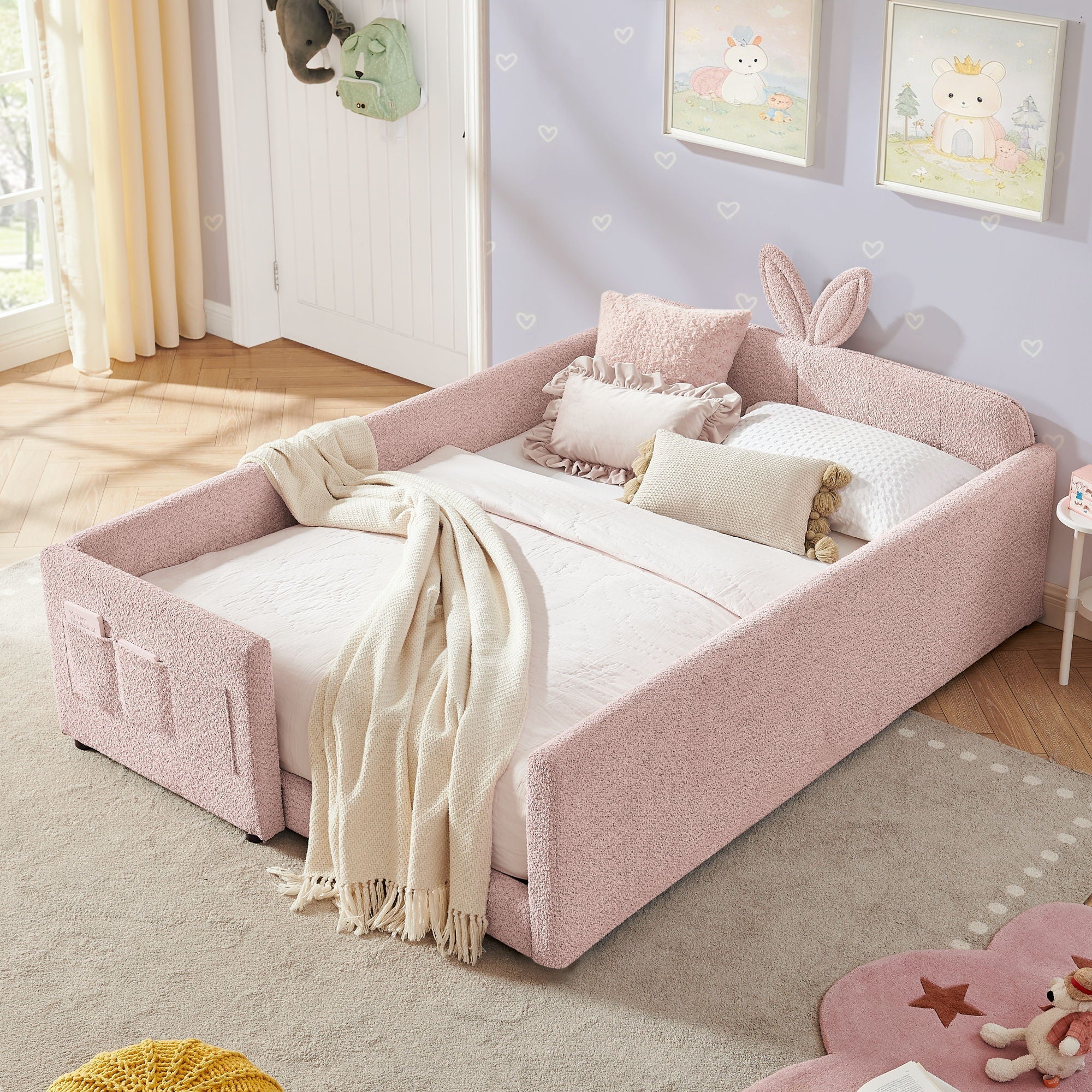 Cute Rabbit Ear Upholstered Platform Bed Frame With Safety Rail