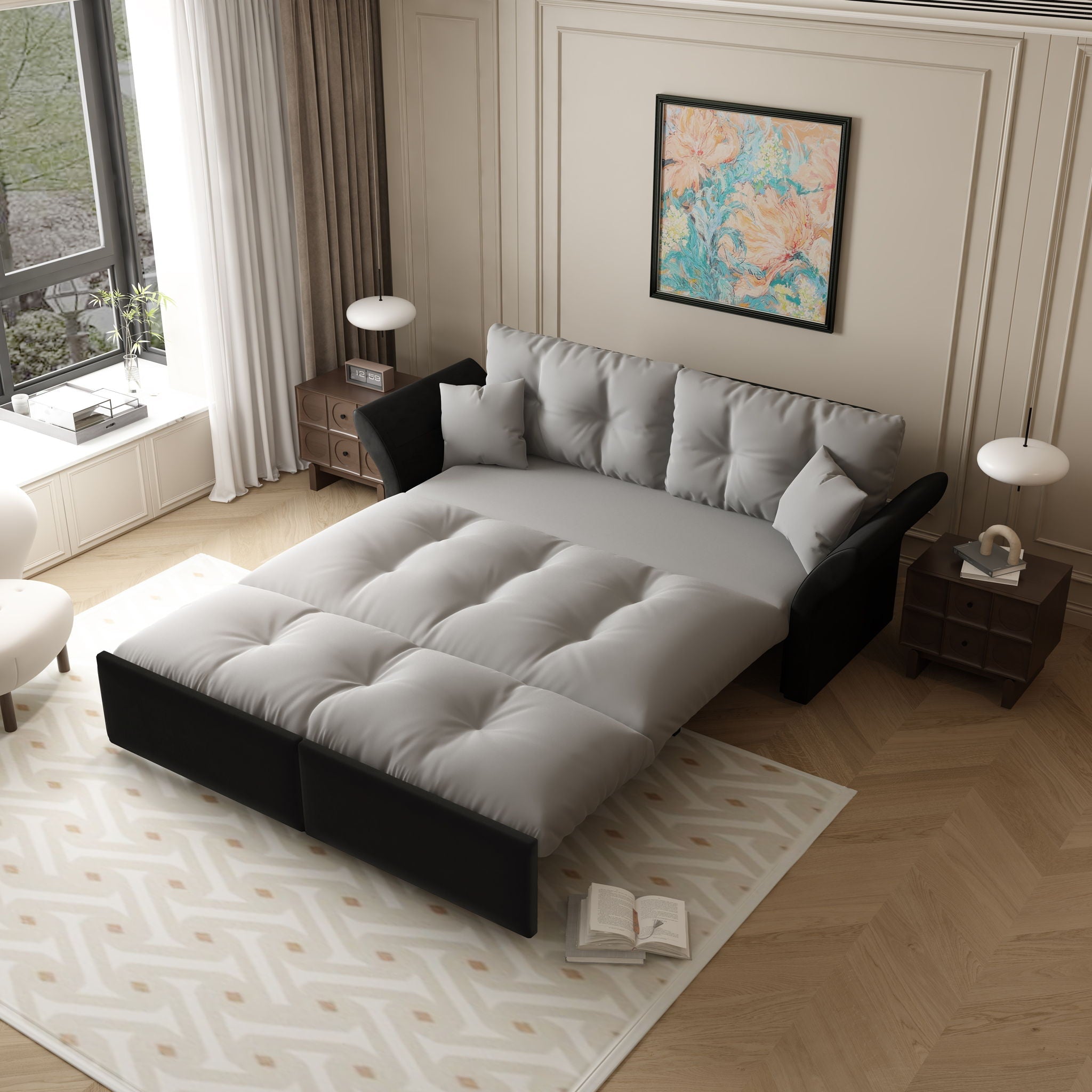 Queen Pull Out Sofa Bed, 3 In 1 Convertible Sleeper Tufted With 2 Soft Pillows