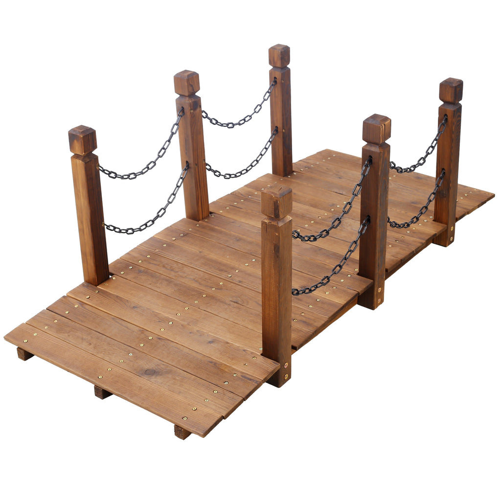 5 Ft Wooden Garden Bridge, Stained Wood Arc Footbridge with Chain Railings