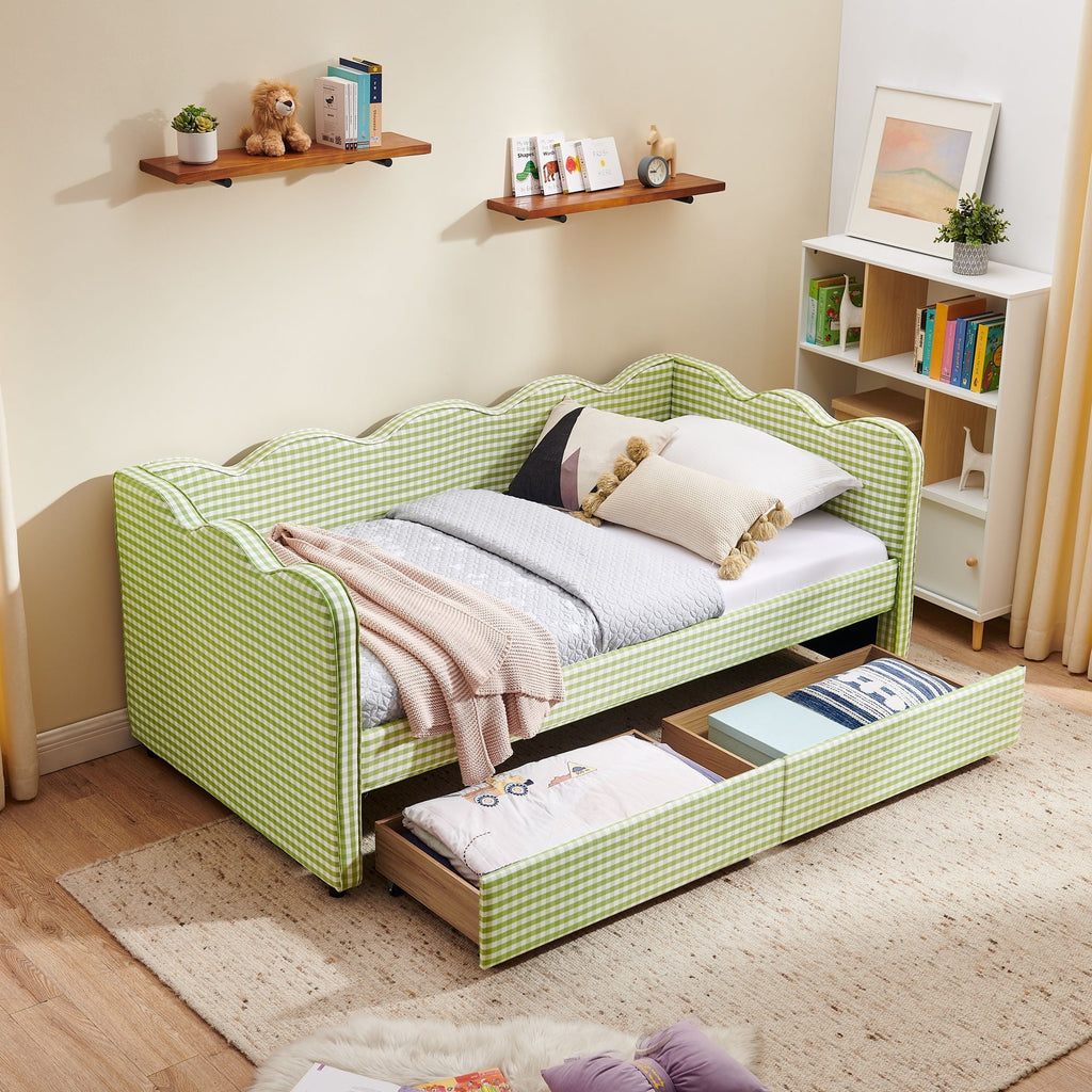 Gingham Daybed With USB Charging Port, Wave-Shaped Design