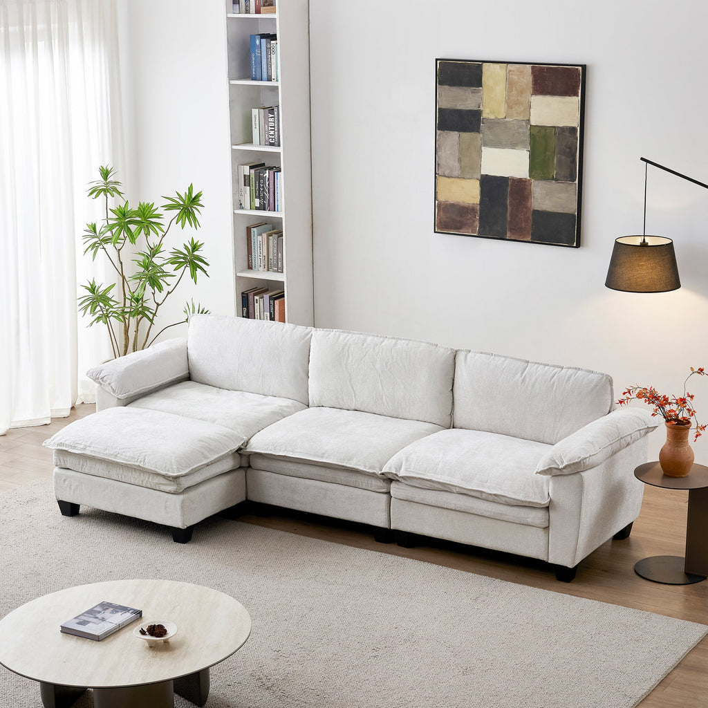 Living Room Sofa Luxury Couch with Ottoman in Soft Chenille Beige