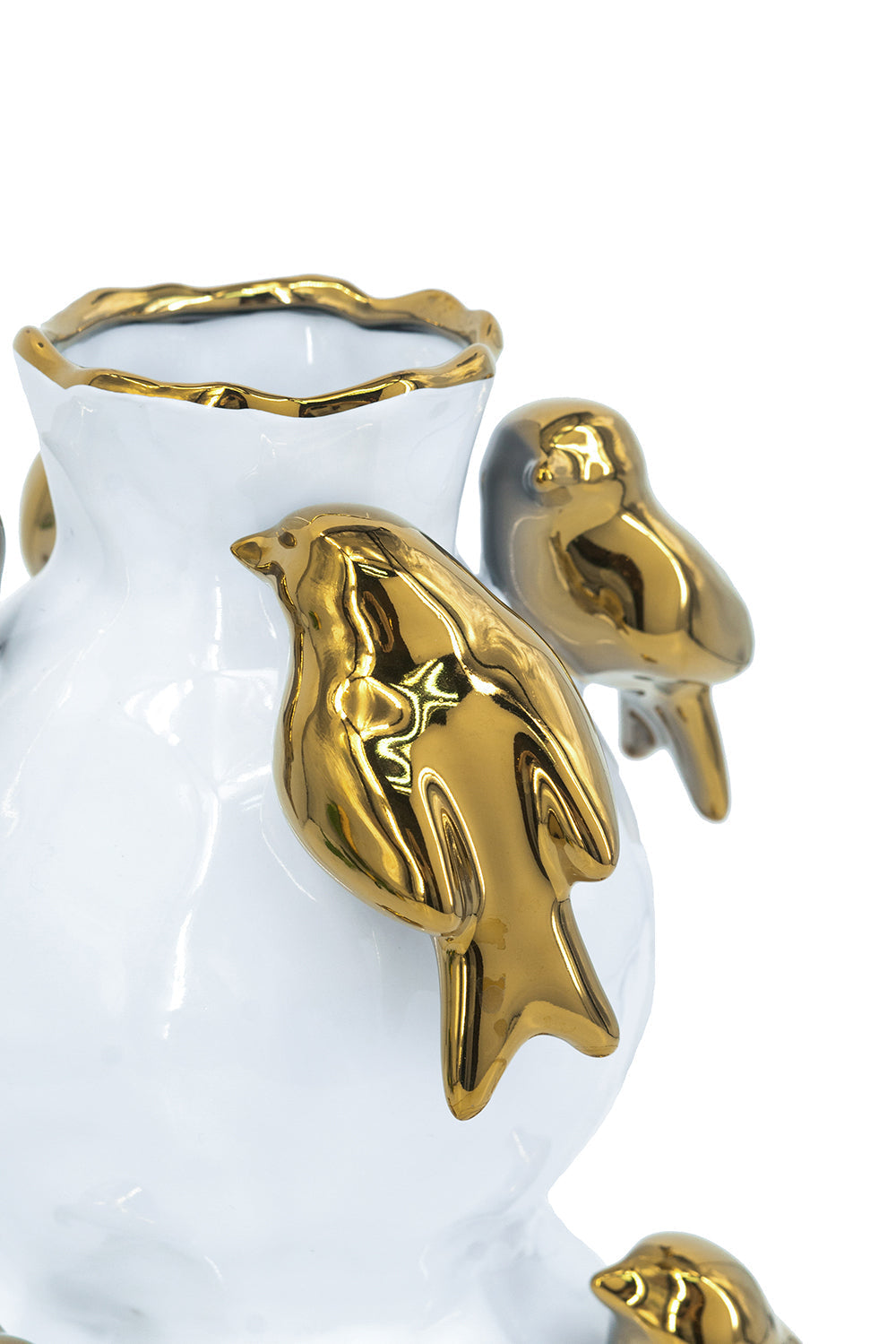 8.5x8.5x14 White Two-Tiered Ceramic Vase with Gold Bird Accents