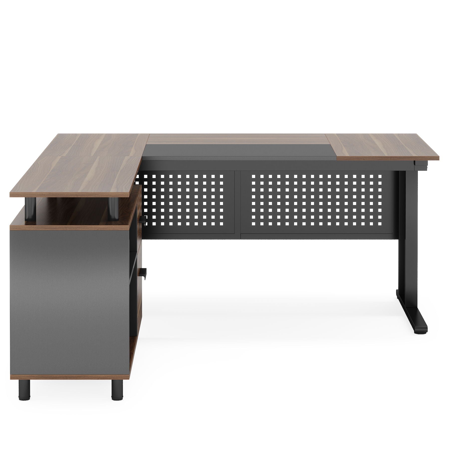 L-Shaped Executive Desk With File Cabinet, Office Workstation With Drawers, Shelves & Storage