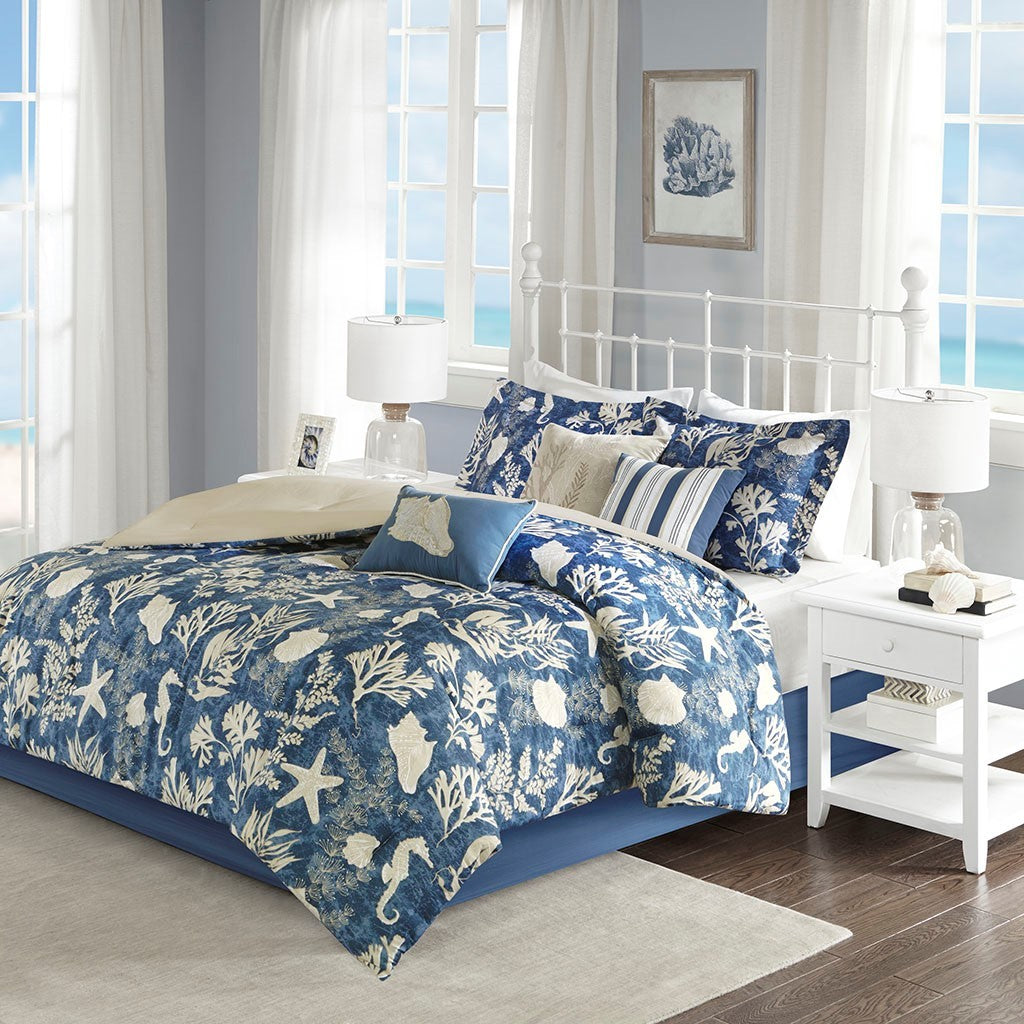 7 Piece Cotton Sateen Comforter Set Blue Cal King