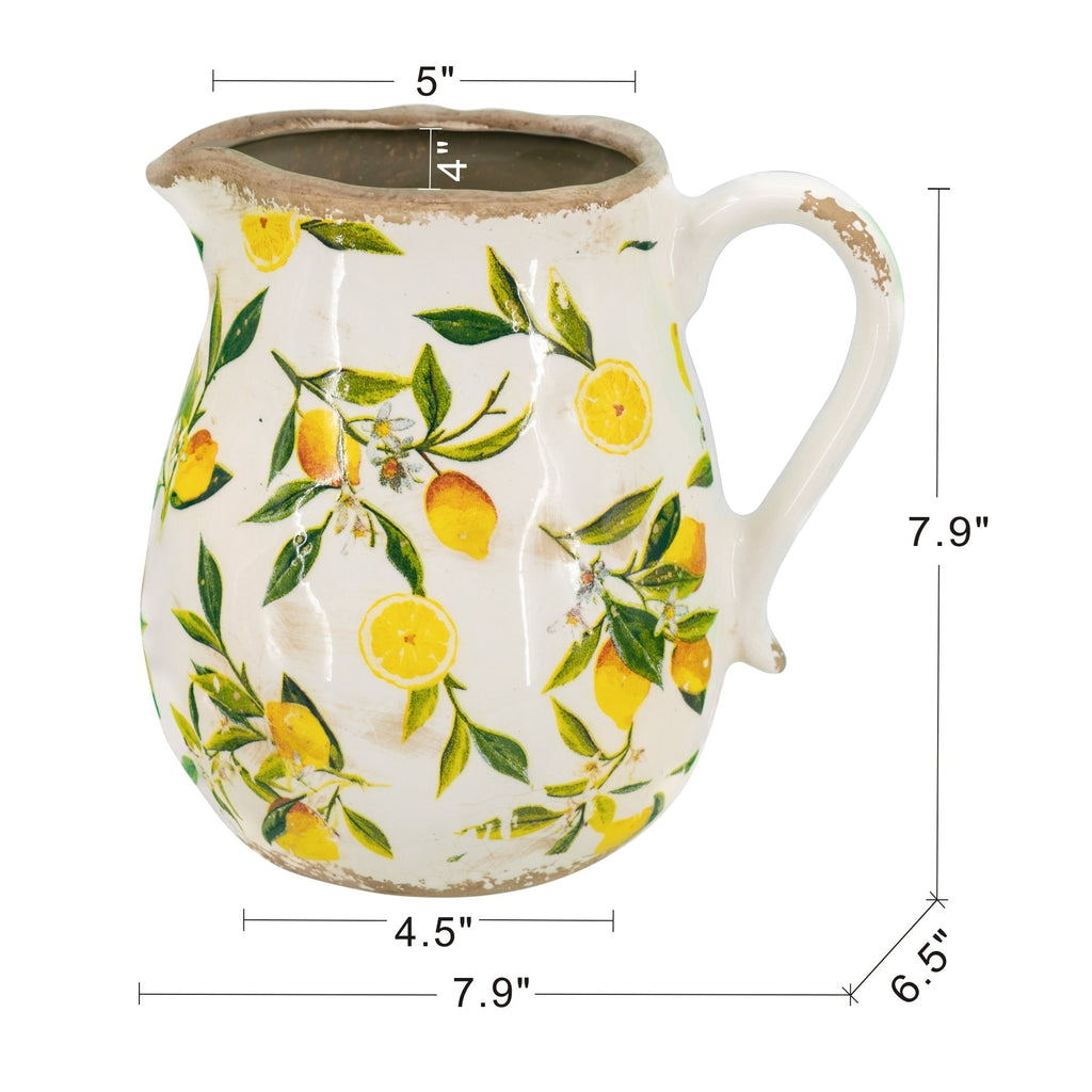 7.9x6.5x7.9' White Ceramic Pitcher Vase with Yellow Lemon Motif